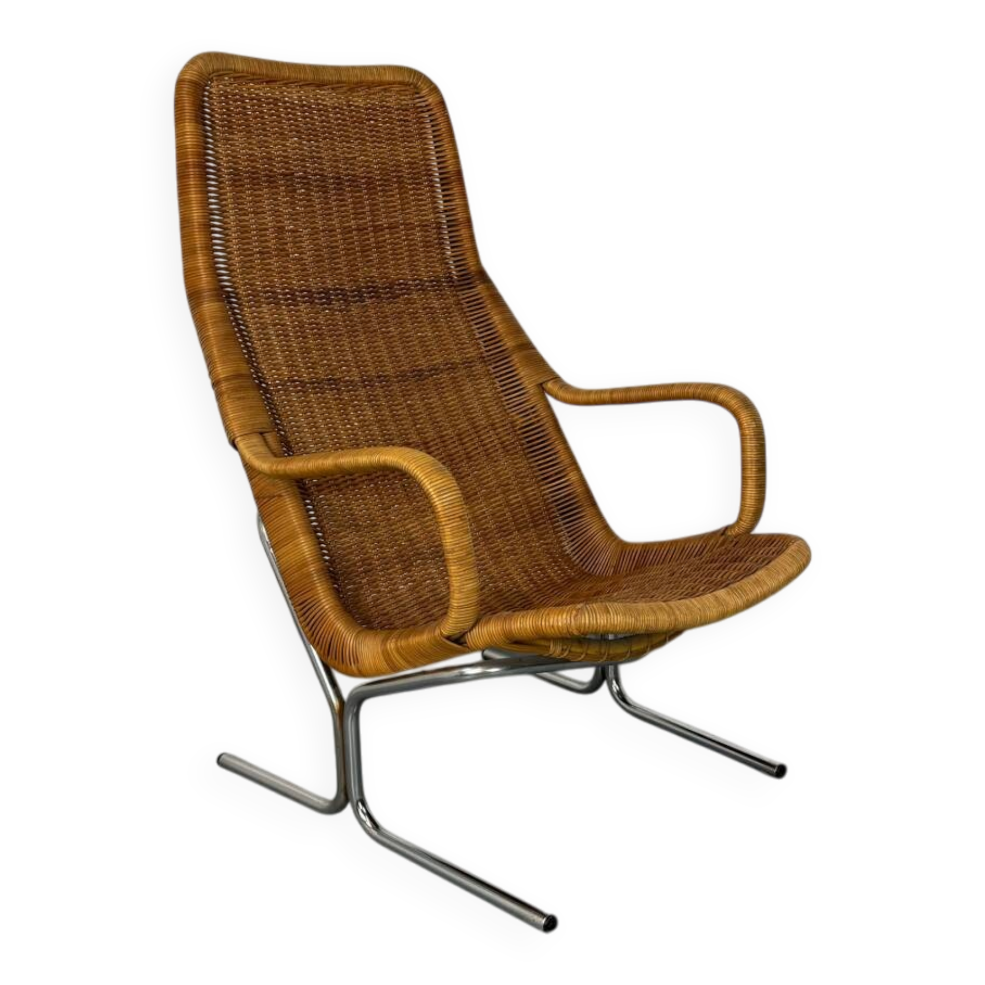Chaise longue moderniste en acier et rotin du milieu du siècle par Dirk van Sliedregt