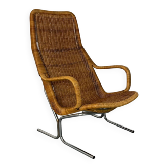 Chaise longue moderniste en acier et rotin du milieu du siècle par Dirk van Sliedregt