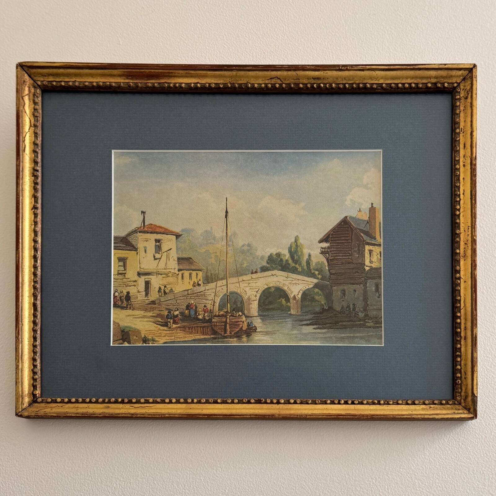 Watercolor on paper boat anchored near a bridge 19th century gilded frame