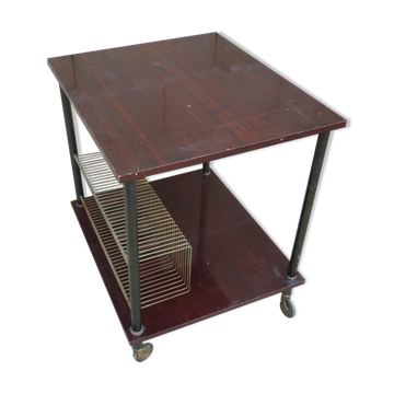 Table d'appoint en bois et range disques vintage sur roulettes