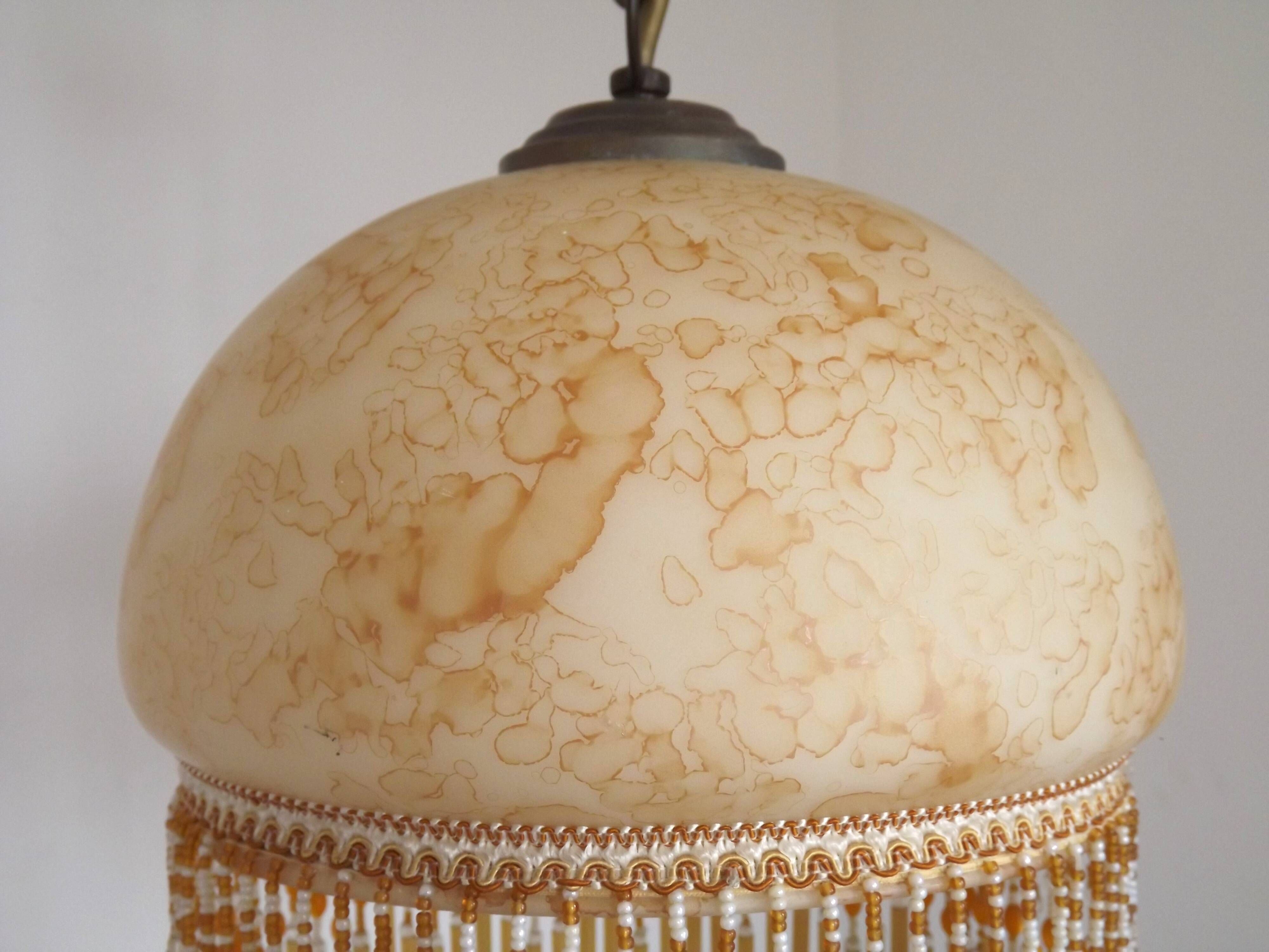 Mid Century Amber Mottled Glass Ceiling Light with Beaded Glass Fringe