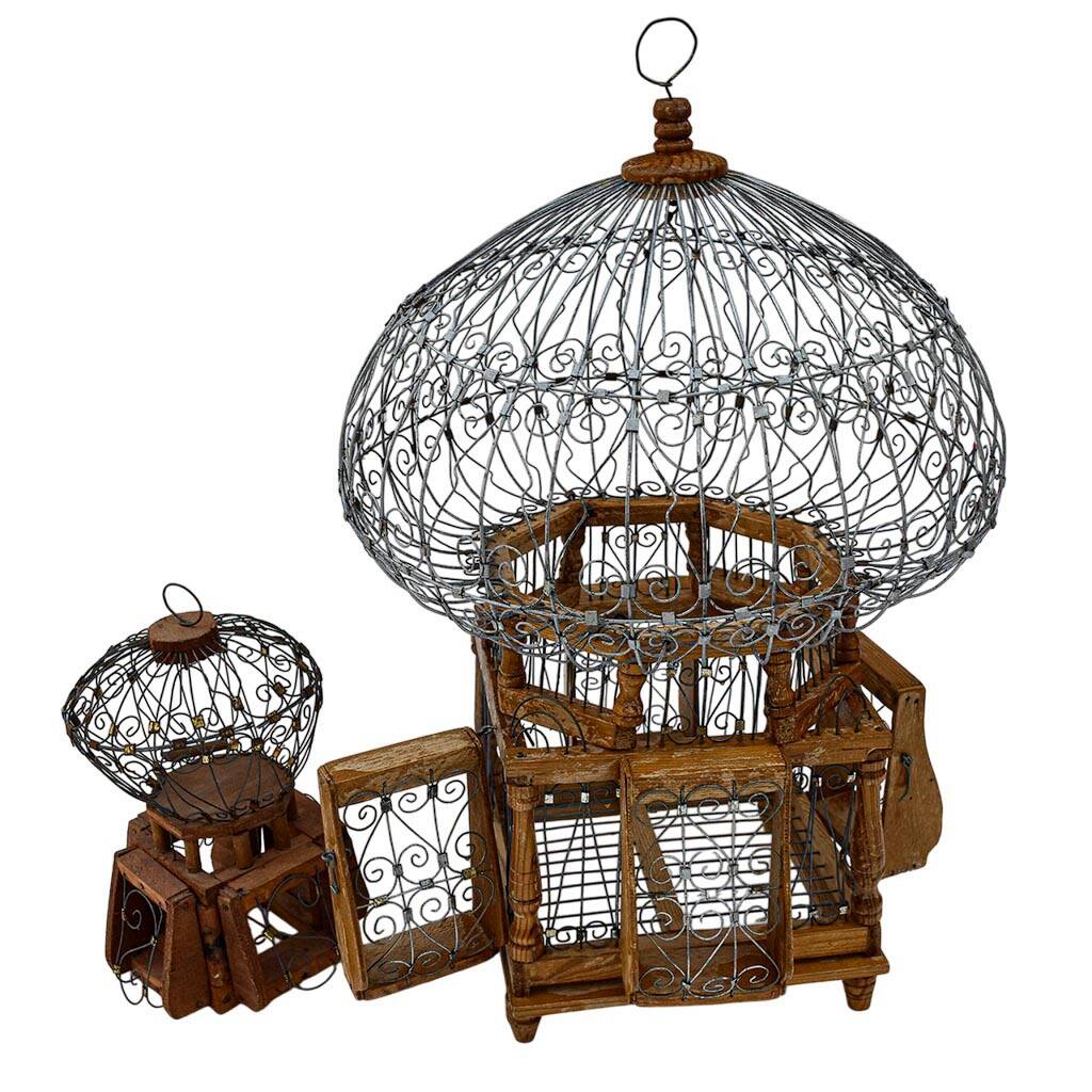 Antique Vintage Round Iron and Wood Decorative Bird Cages