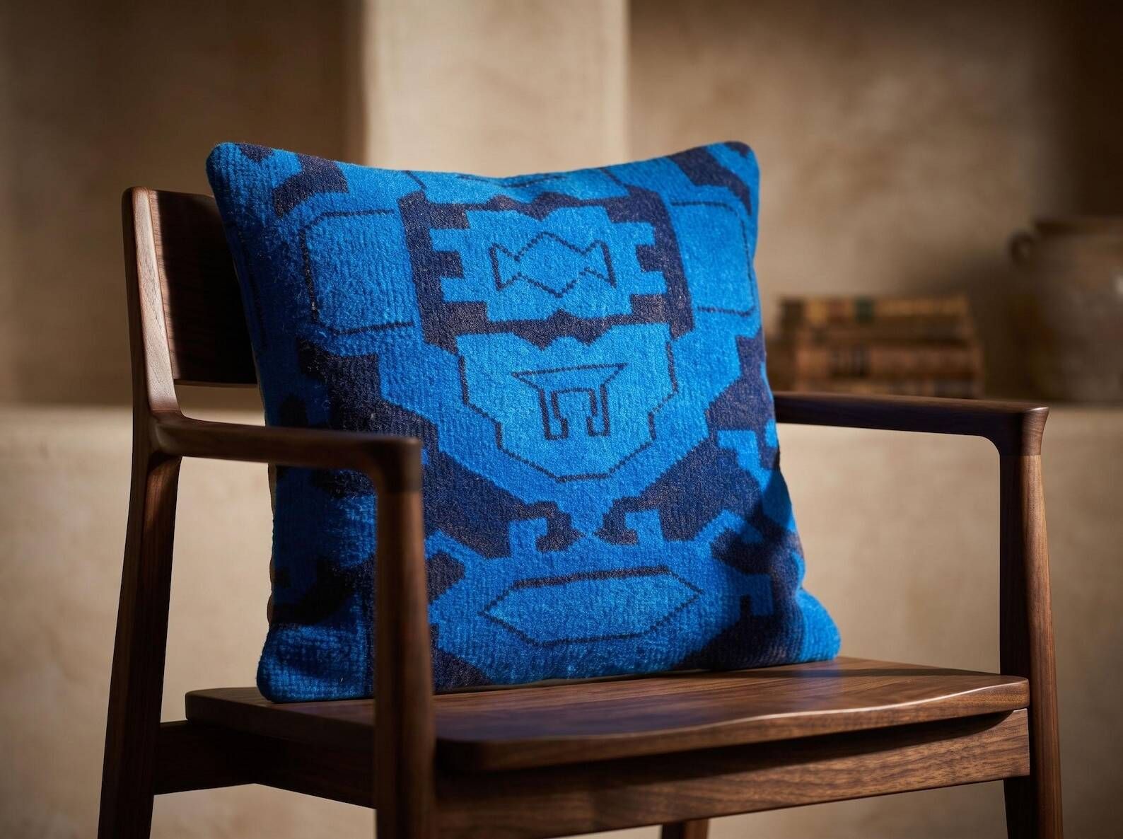 Vintage Turkish Rug Cushion, Handmade Electric Blue Geometric Wool Pillow