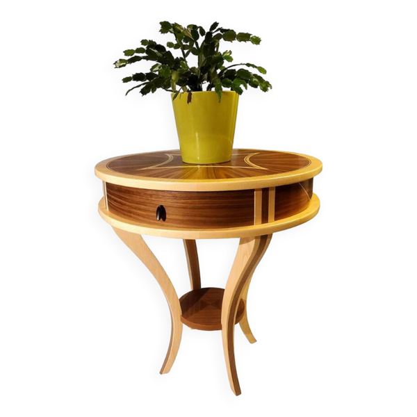 Guéridon - petite table ronde en marqueterie bois