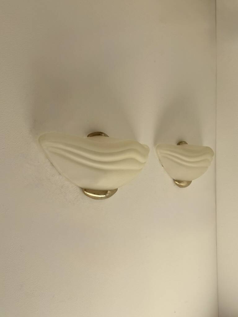 Pair of vintage wall lights in brass and frosted glass, Italy, 1970.