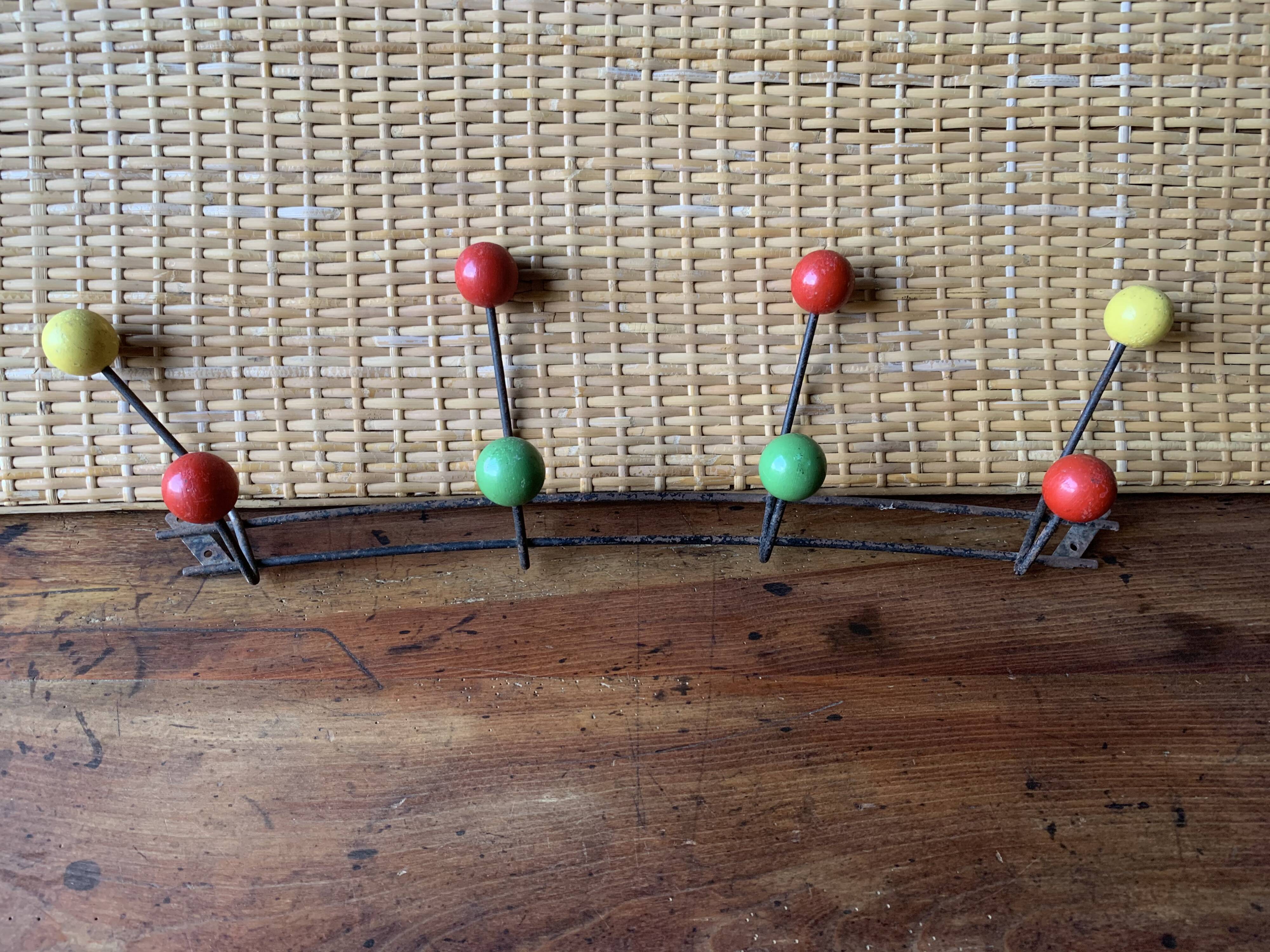 Metal coat rack with wooden balls, 8 hooks, 1950