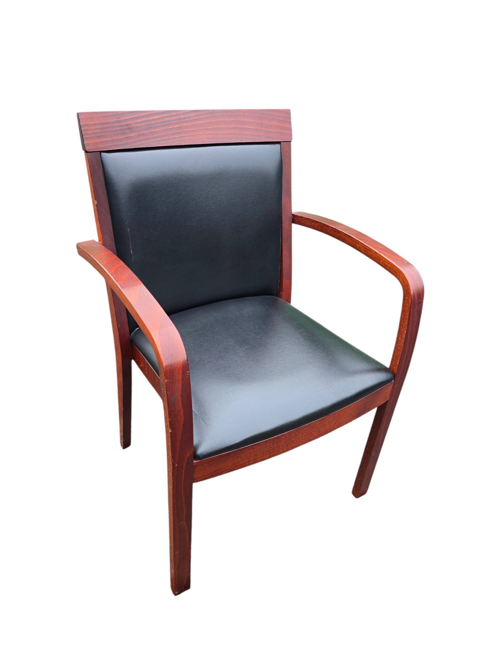6 contemporary bridge chairs in mahogany wood and black leather