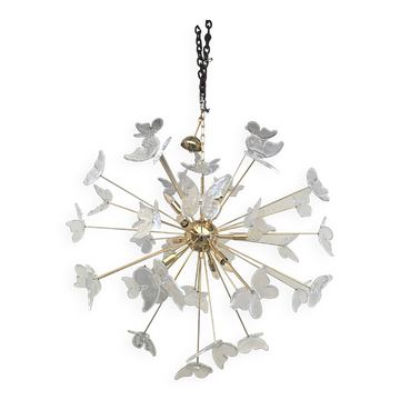 Murano Glass Sputnik Chandelier in Gold 24 Karat and Clear Butterfly