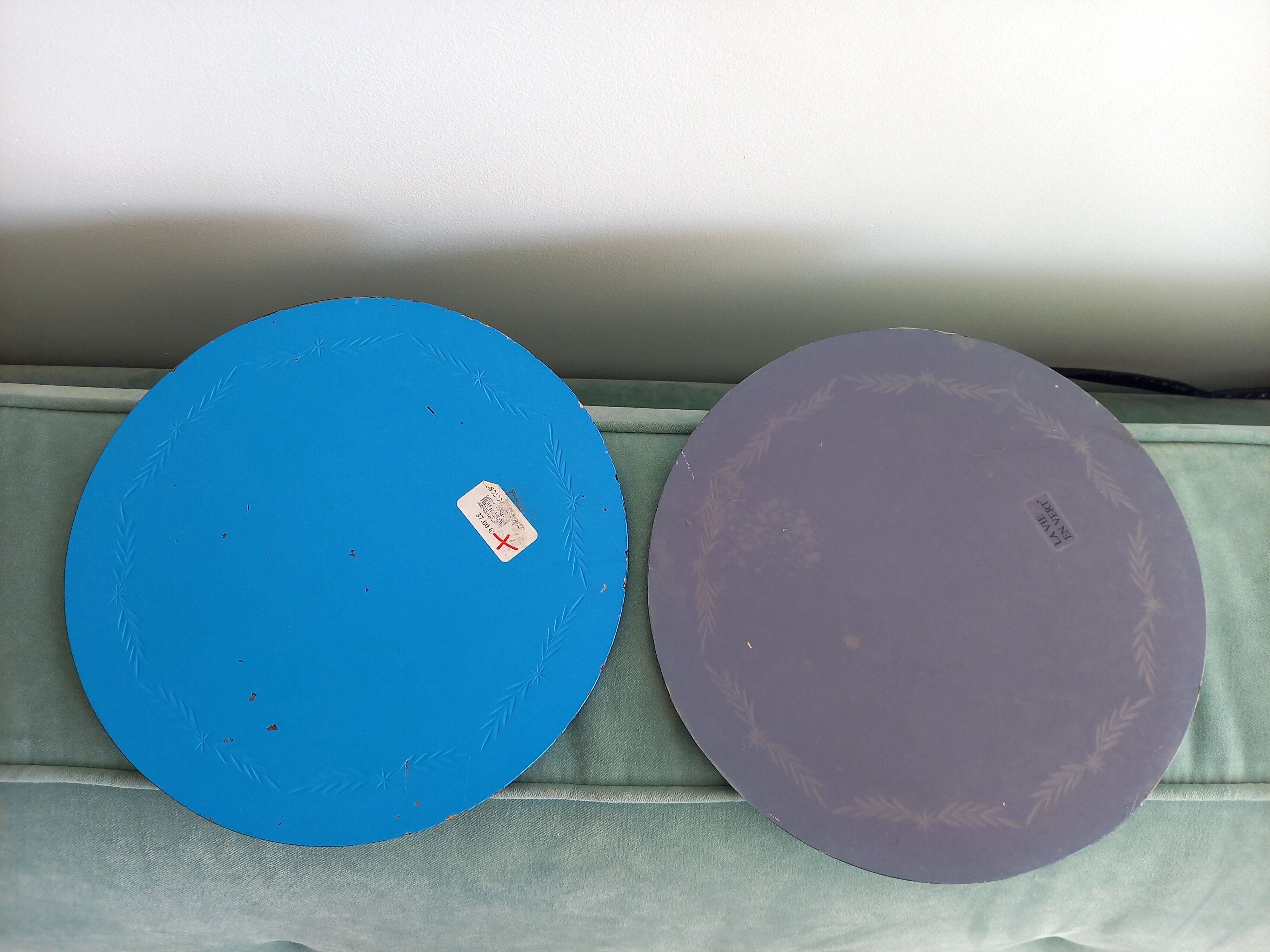 2 miroirs gravés et festonnés verts et bleus