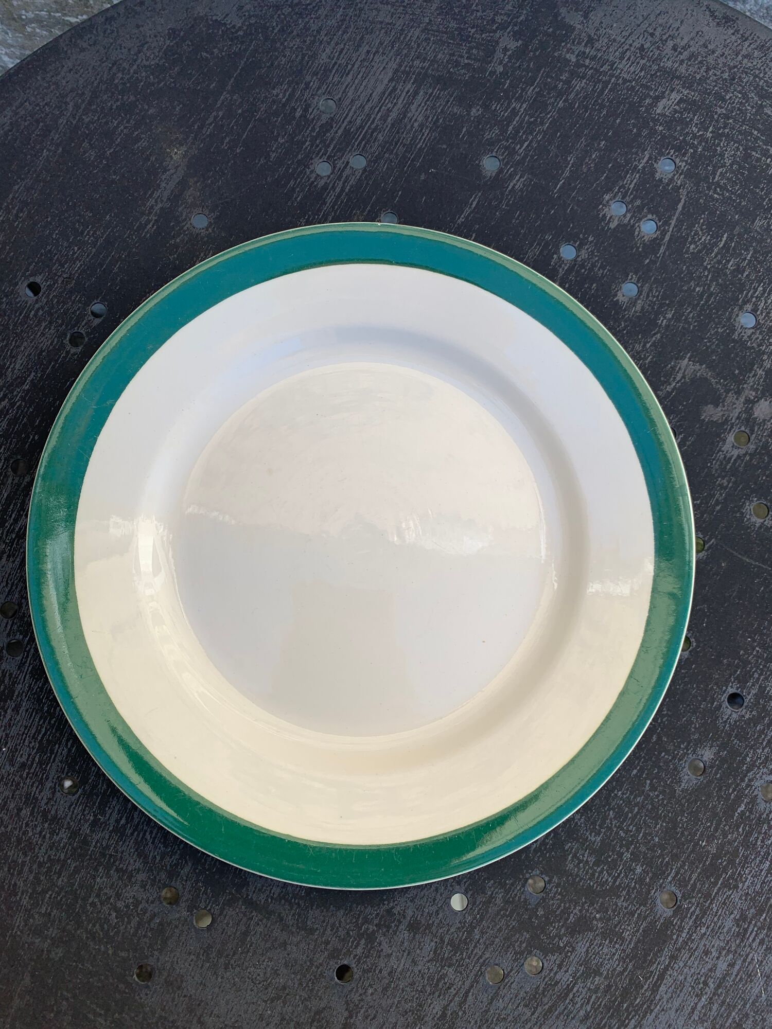 6 flat antique earthenware plates with dark green edging Digoin sarreguemines old france