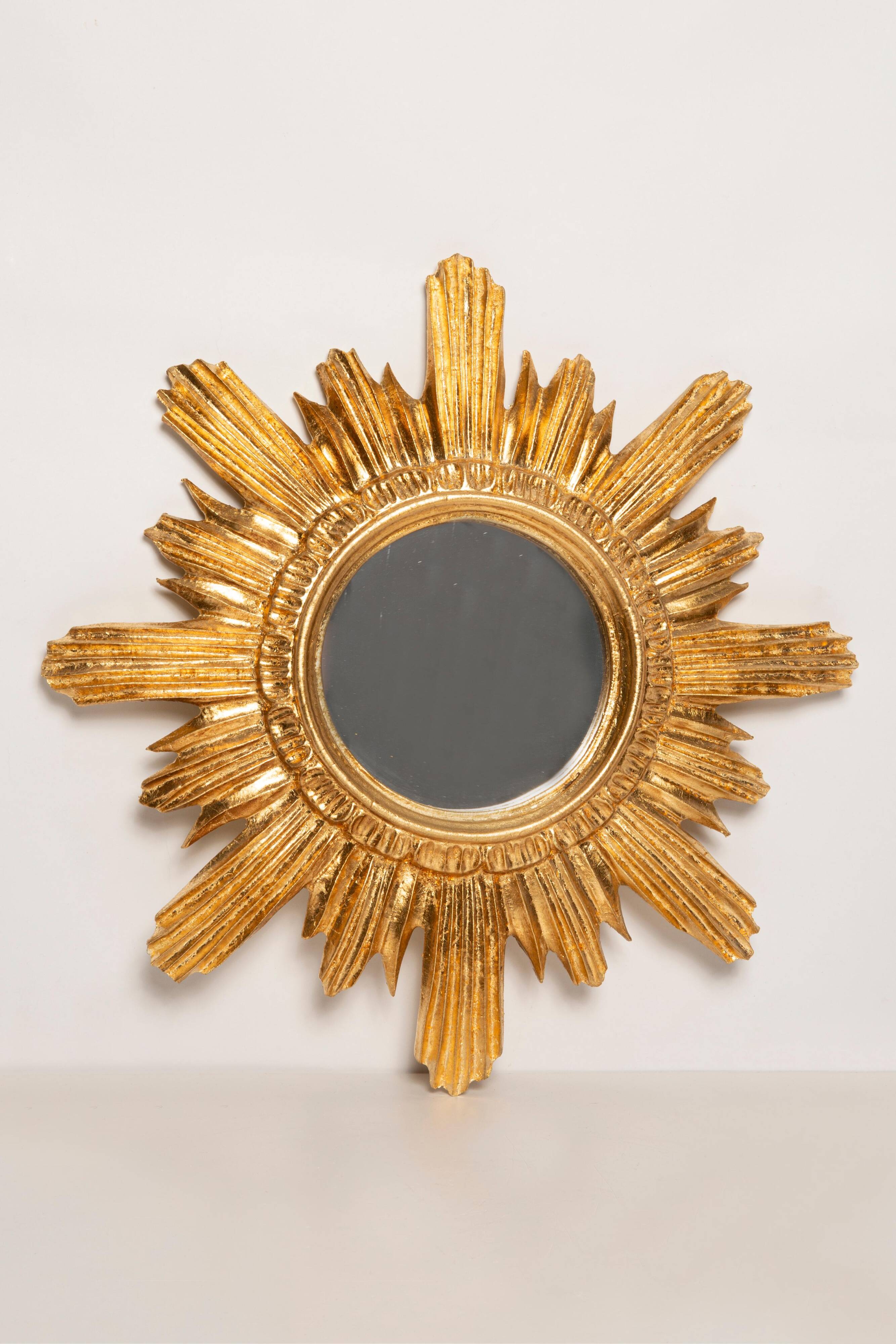 Miroir vintage soleil doré italien, bois doré, années 1960
