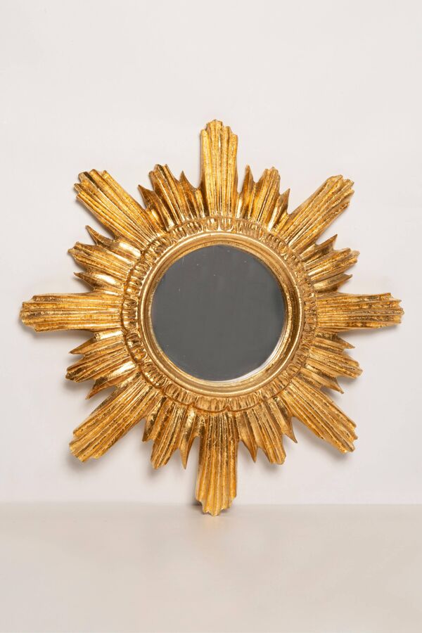 Miroir vintage soleil doré italien, bois doré, années 1960