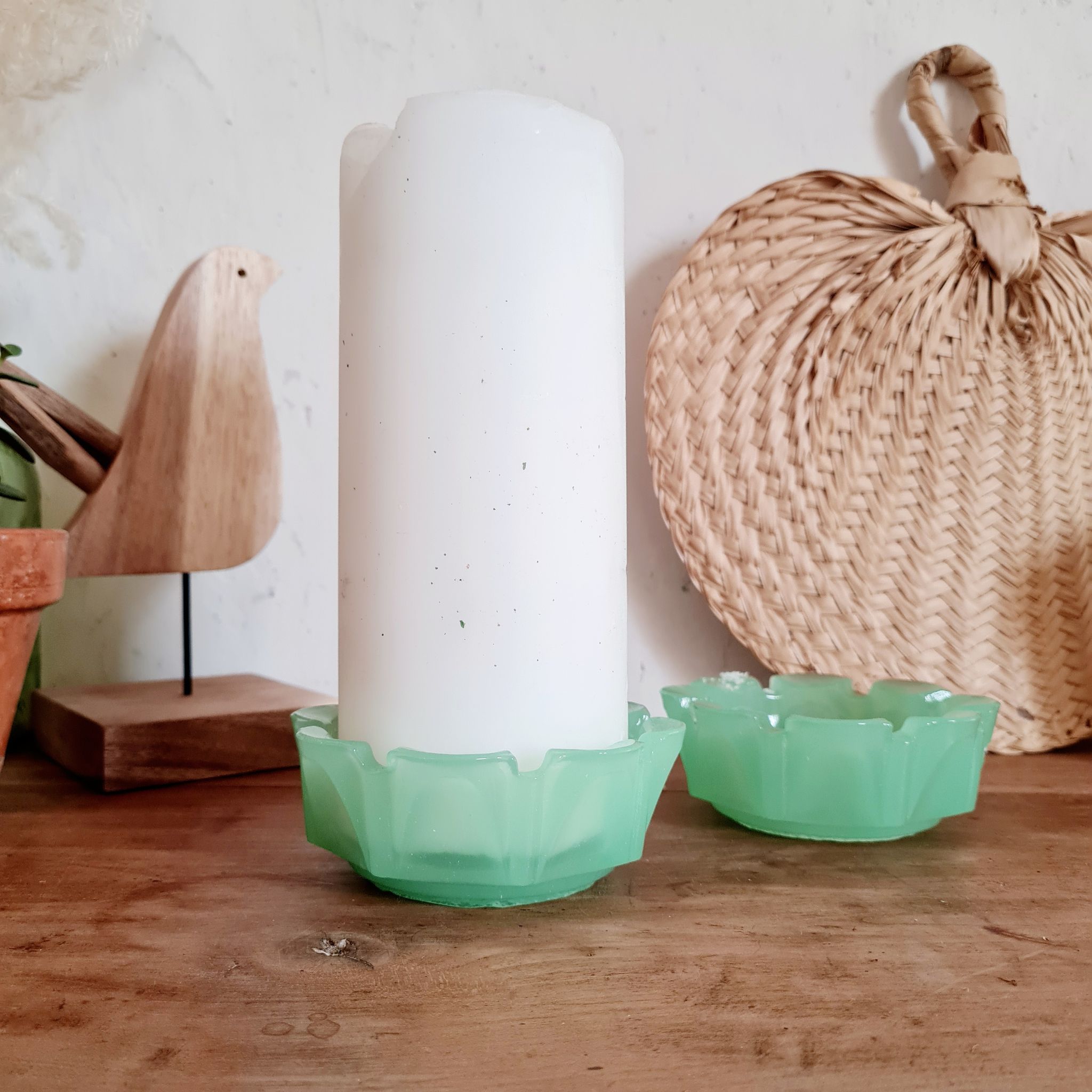 Duo of two candle holders cups in green opaline of water