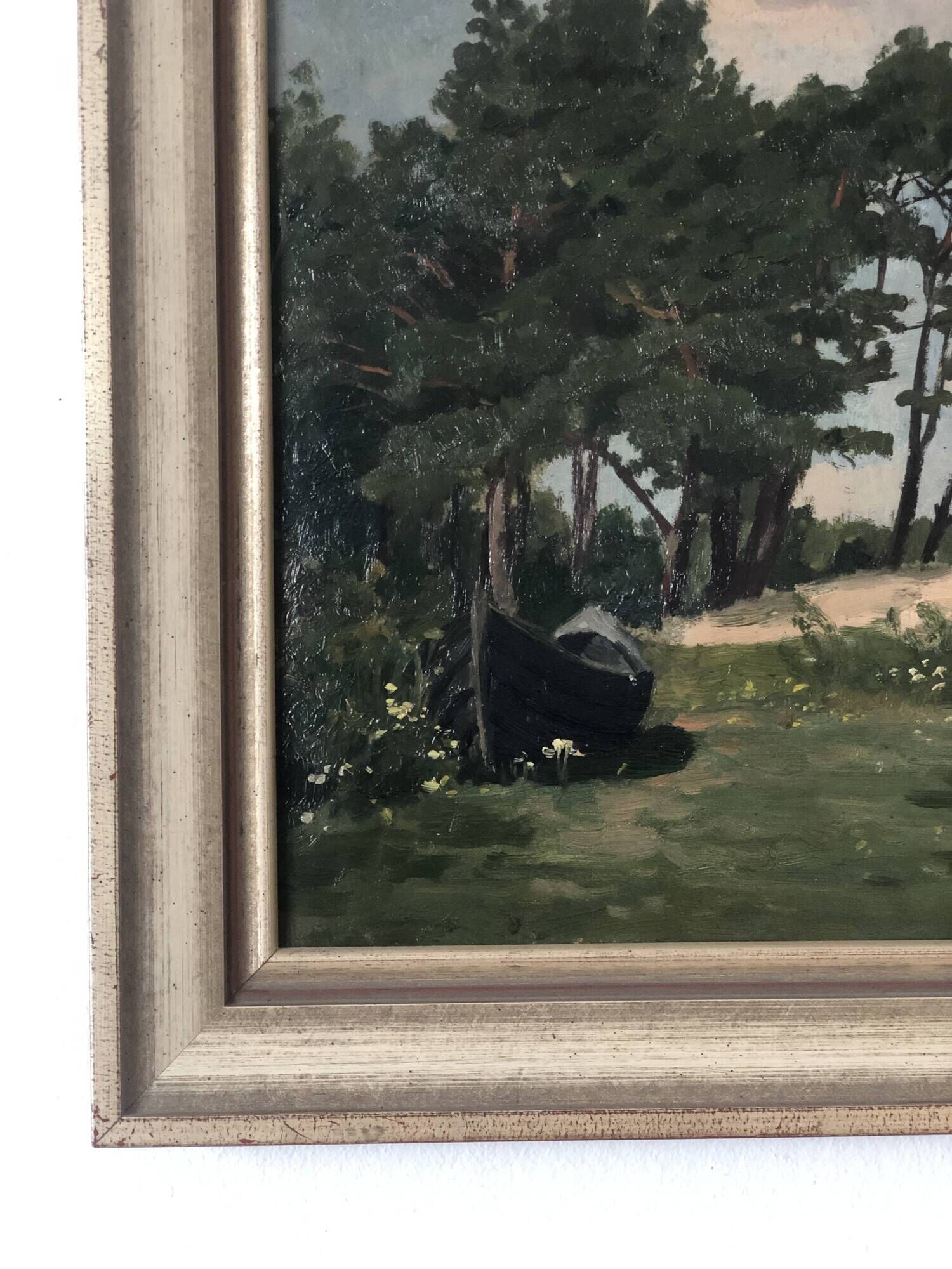 Vintage Original Landscape Oil Painting: Rowboat Nature Art