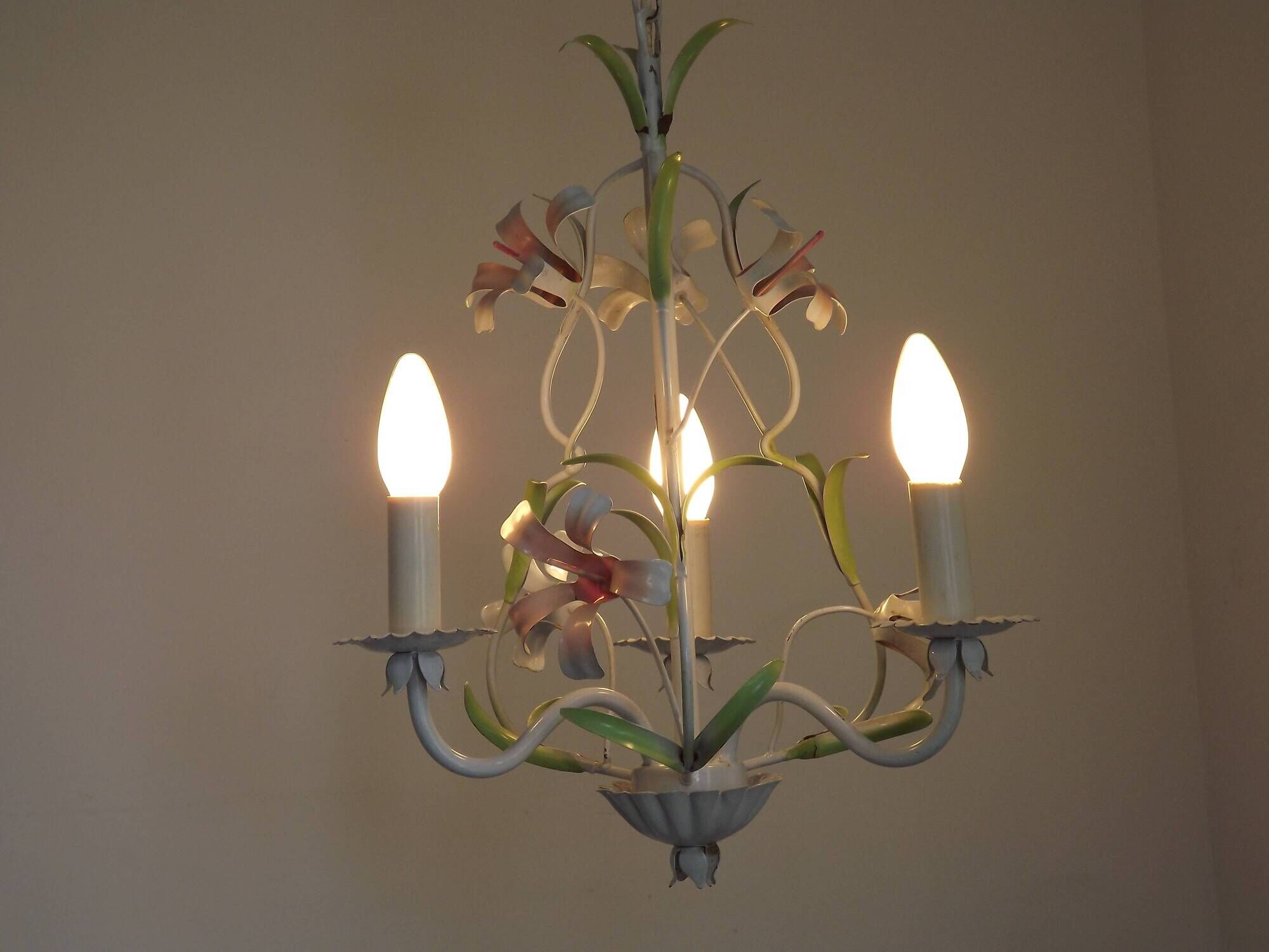 French Vintage 3 Light Pink Lily Flower Cage Style Metal Chandelier 5470