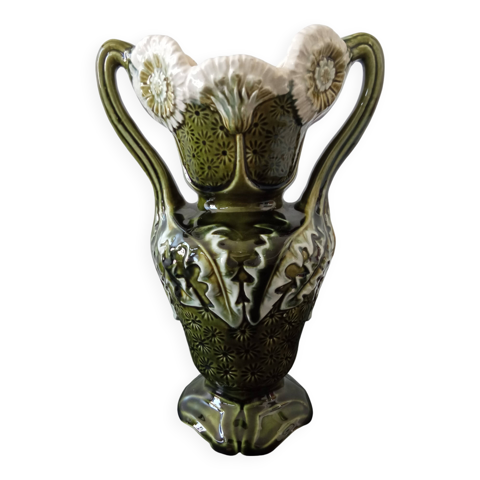 barbotine vase with art nouveau thistle flowers, very rare