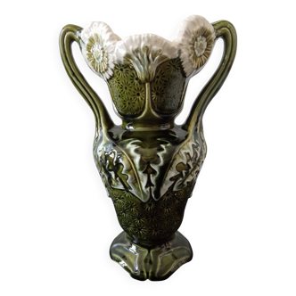barbotine vase with art nouveau thistle flowers, very rare