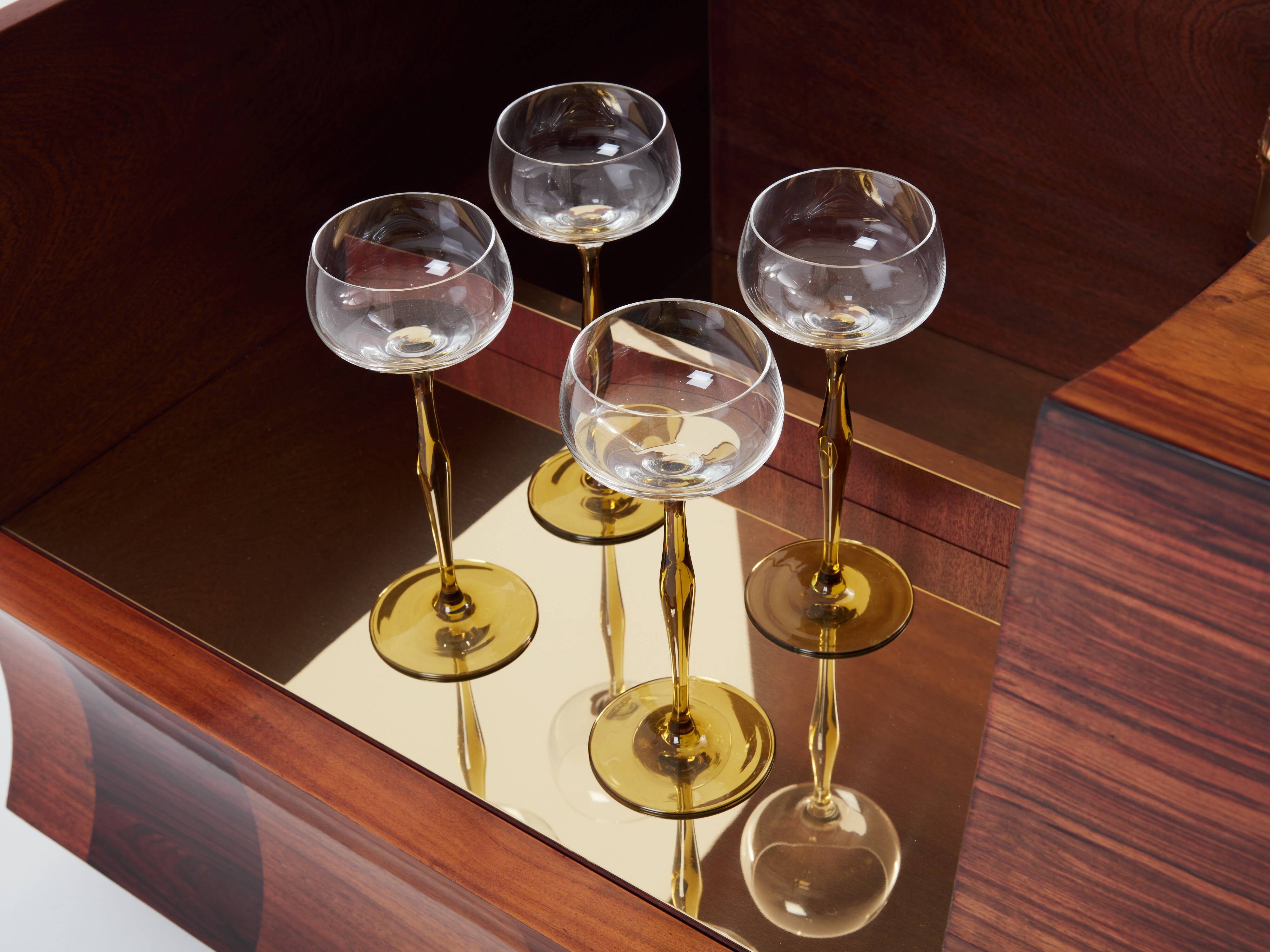 Bar chest in wood and brass marquetry signed Michel Lefèvre 1960