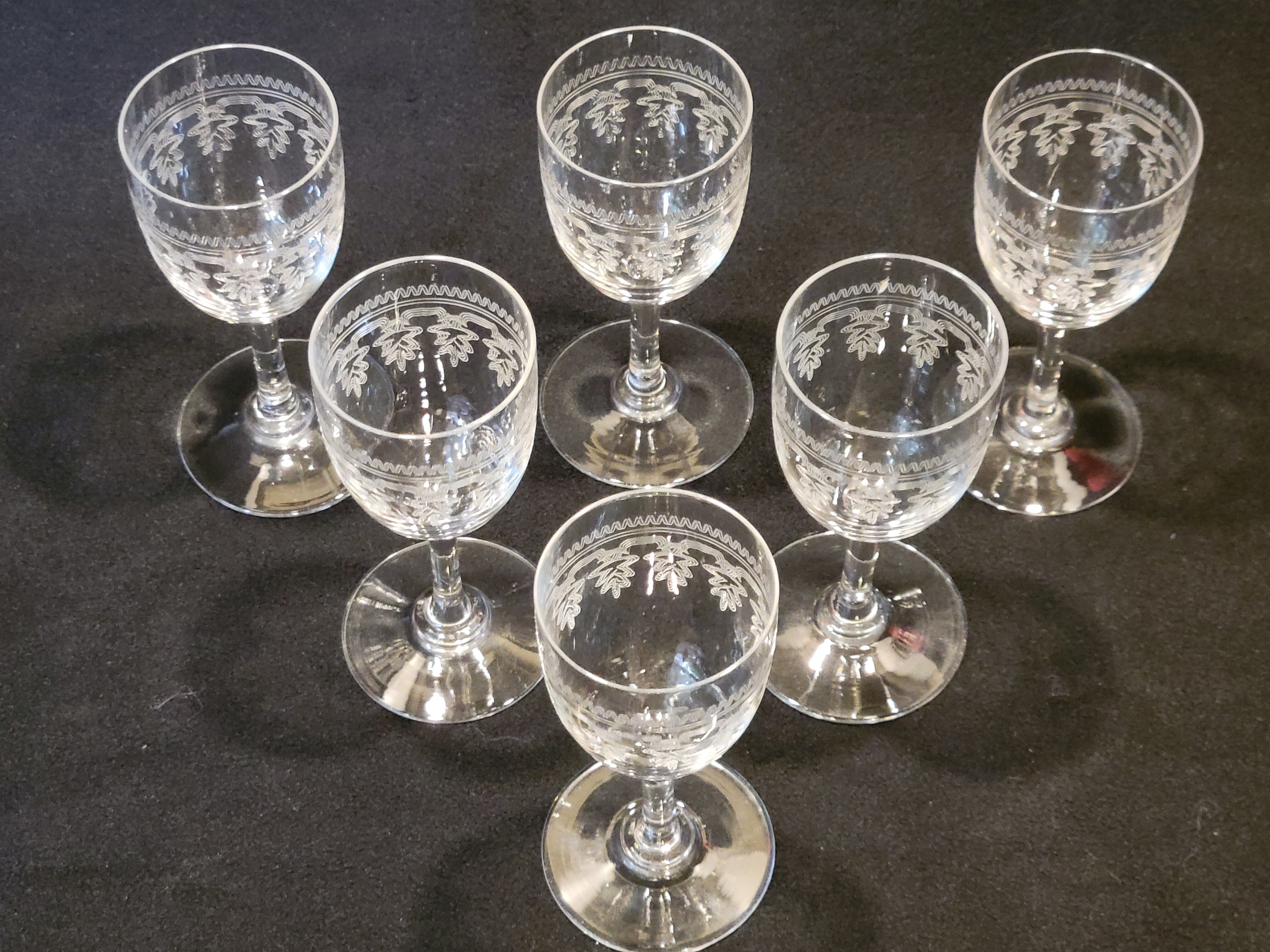 6 old glasses with engraved baccarat crystal wine stems
