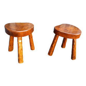 Pair of antique wooden stools vintage tree trunk