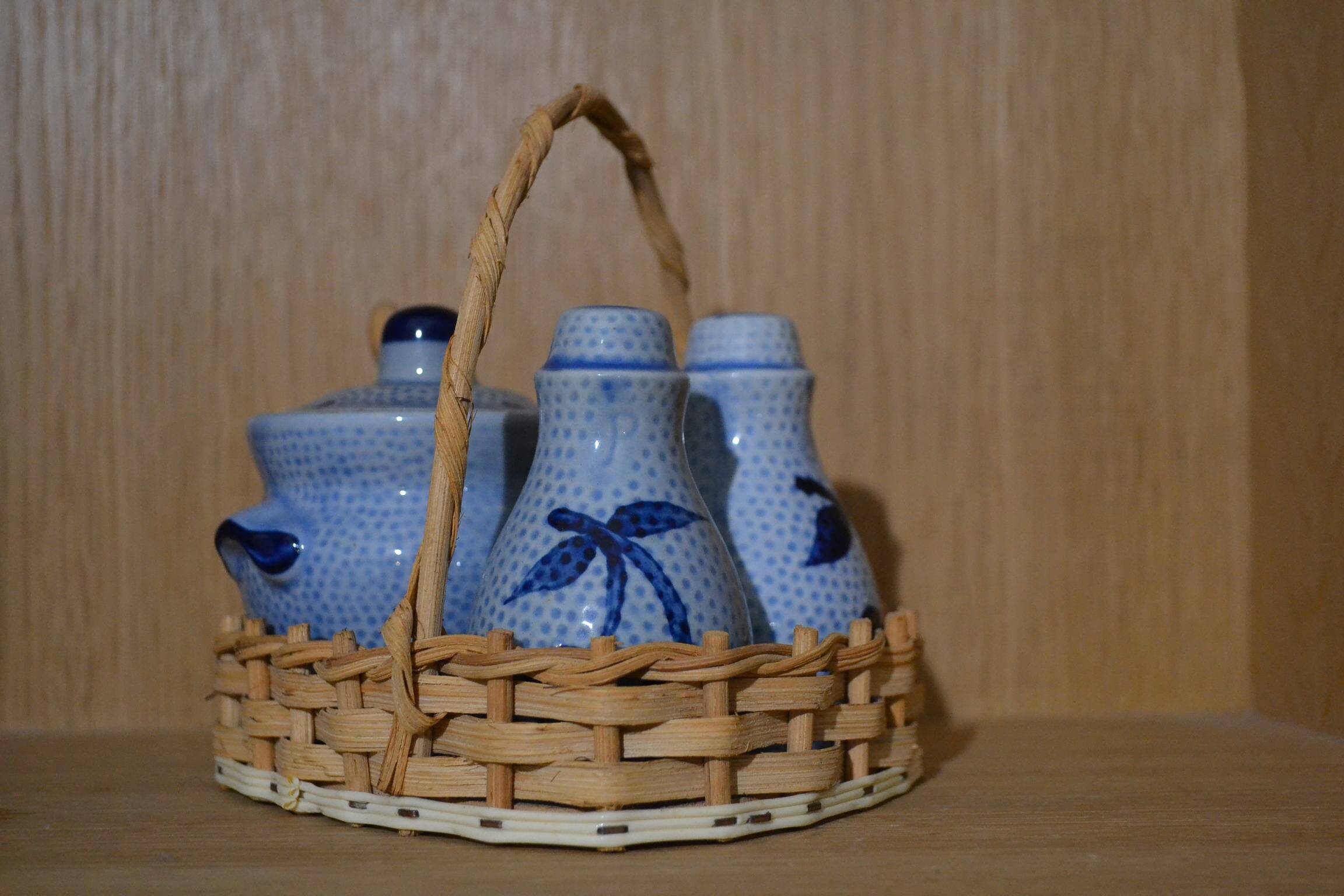 Alsatian blue stoneware salt and pepper shaker set.
