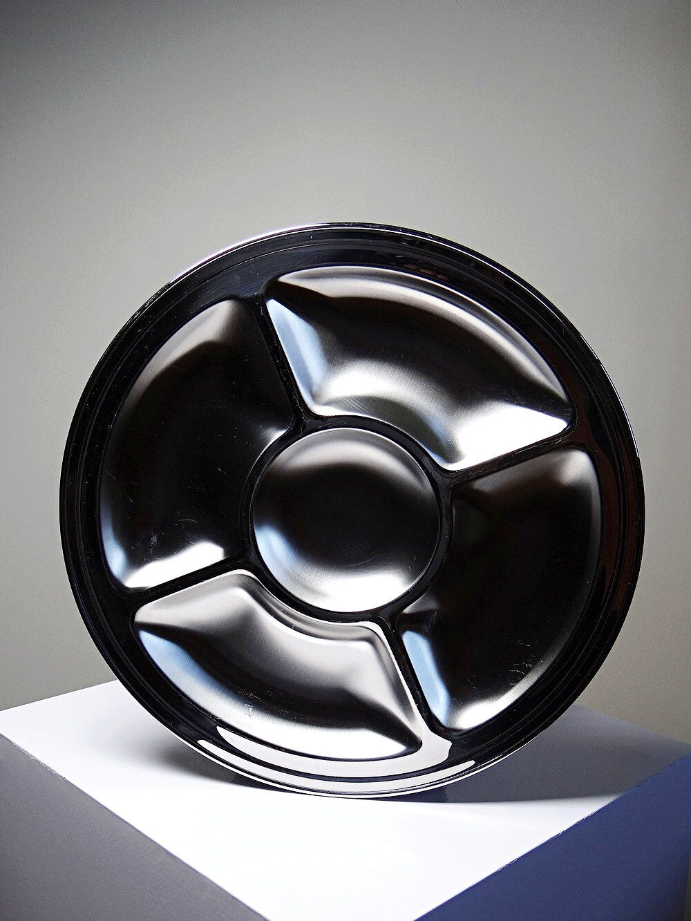 Large compartmented stainless steel hors d'oeuvre platter by Guy Degrenne, France, vintage.