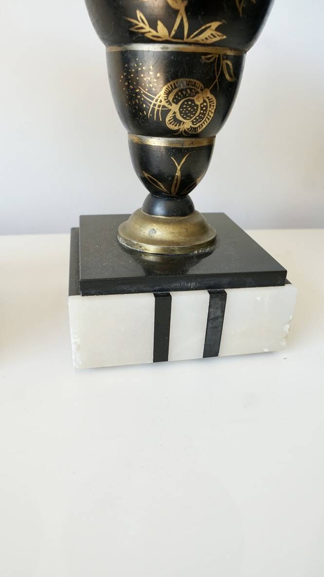 Pair of Art Deco enamelled brass casseroles, black and white marble base