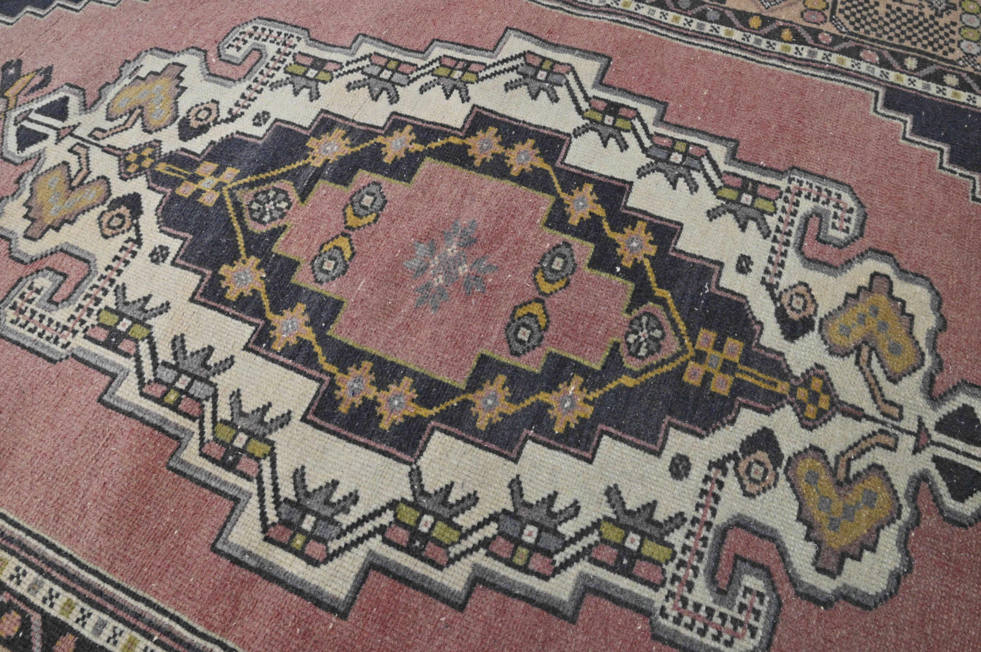 Vintage Turkish rug 134x240 cm, pink and navy blue tones, handmade wool