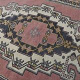 Vintage Turkish rug 134x240 cm, pink and navy blue tones, handmade wool