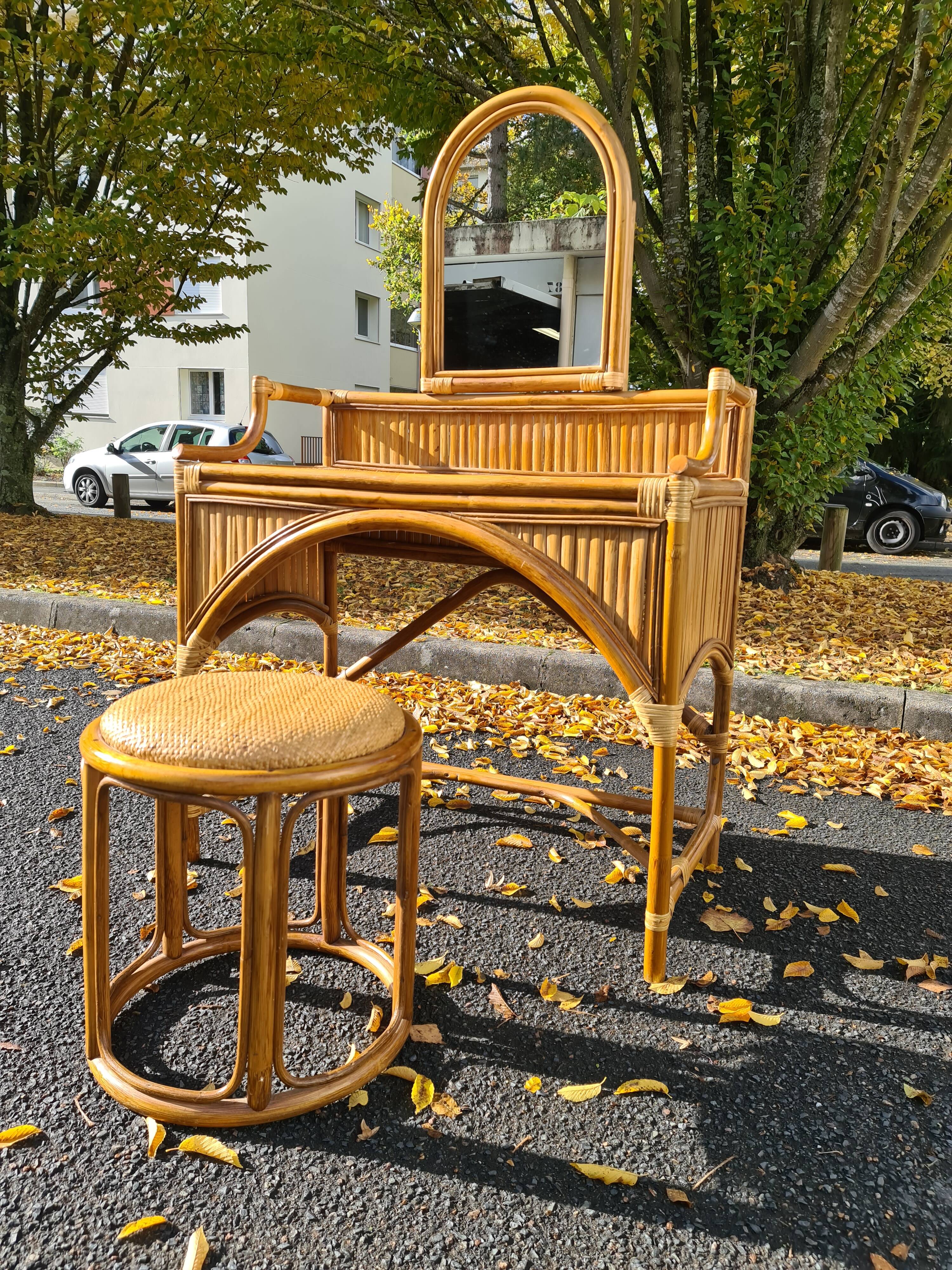 Dressing table / Mirror stool rattan bamboo Vintage 1970