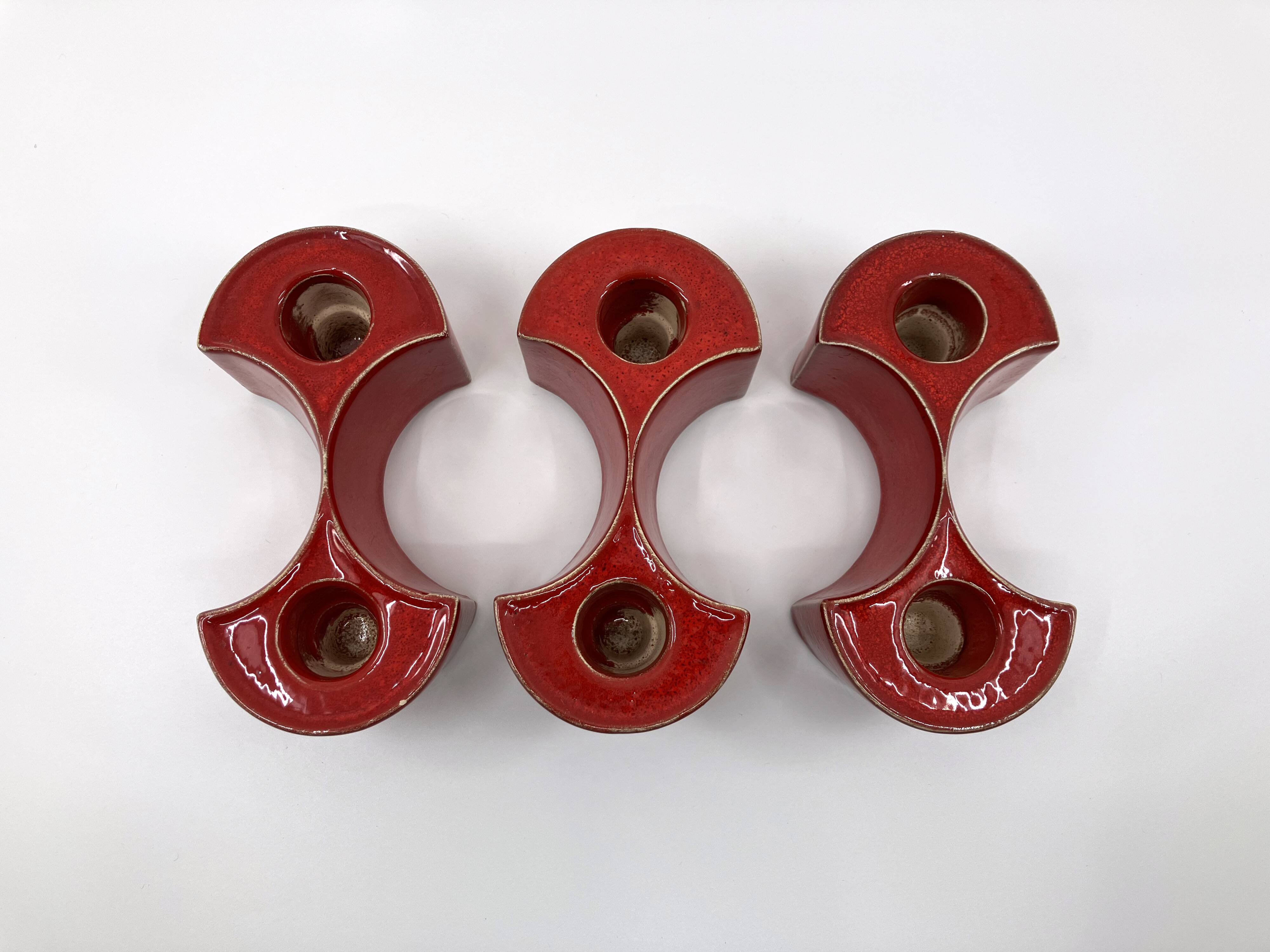 3 red ceramic candlesticks • Cari Zalloni • Steuler • 1970