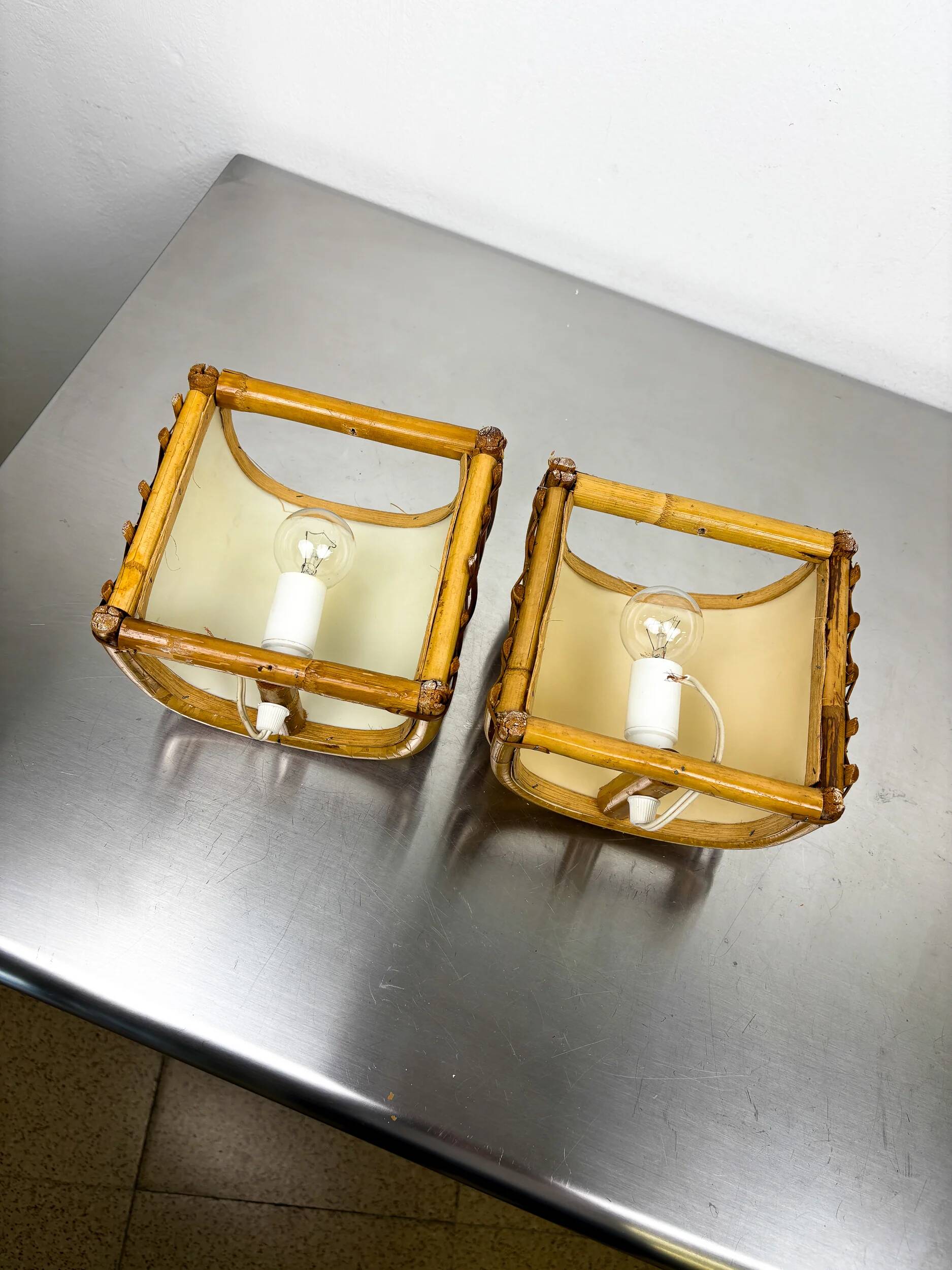 Pair of mid-century rattan wall sconces, 1960s, Italy