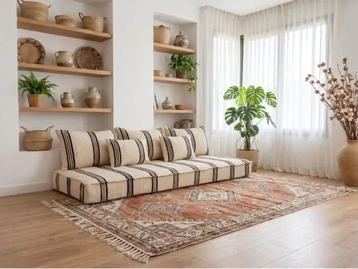 Set of striped Moroccan floor cushions handwoven.