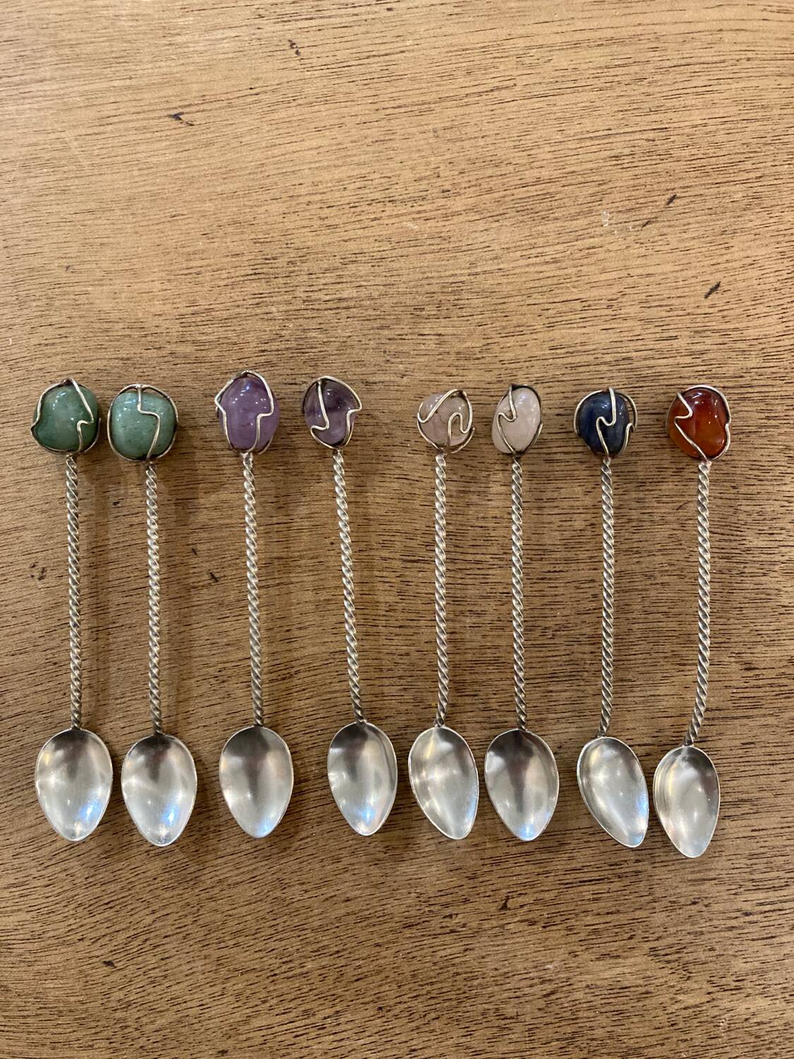 Box of 8 antique silver and stone spoons