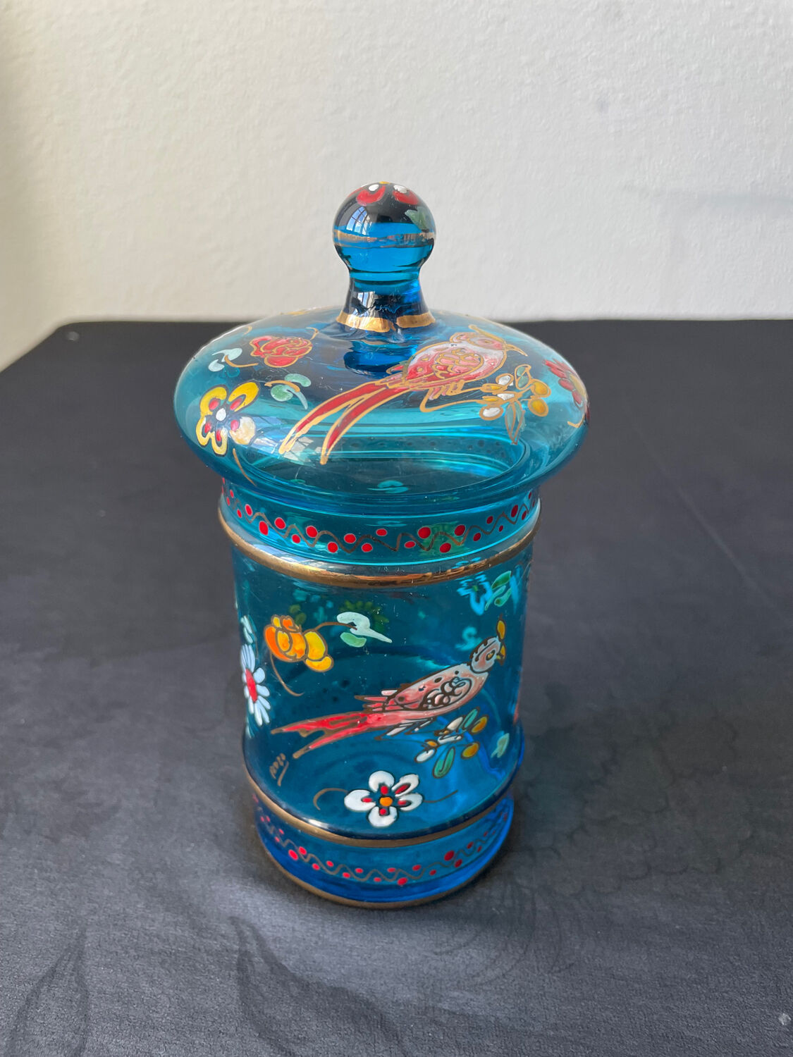 Hand-painted blue glass pot flowers and birds