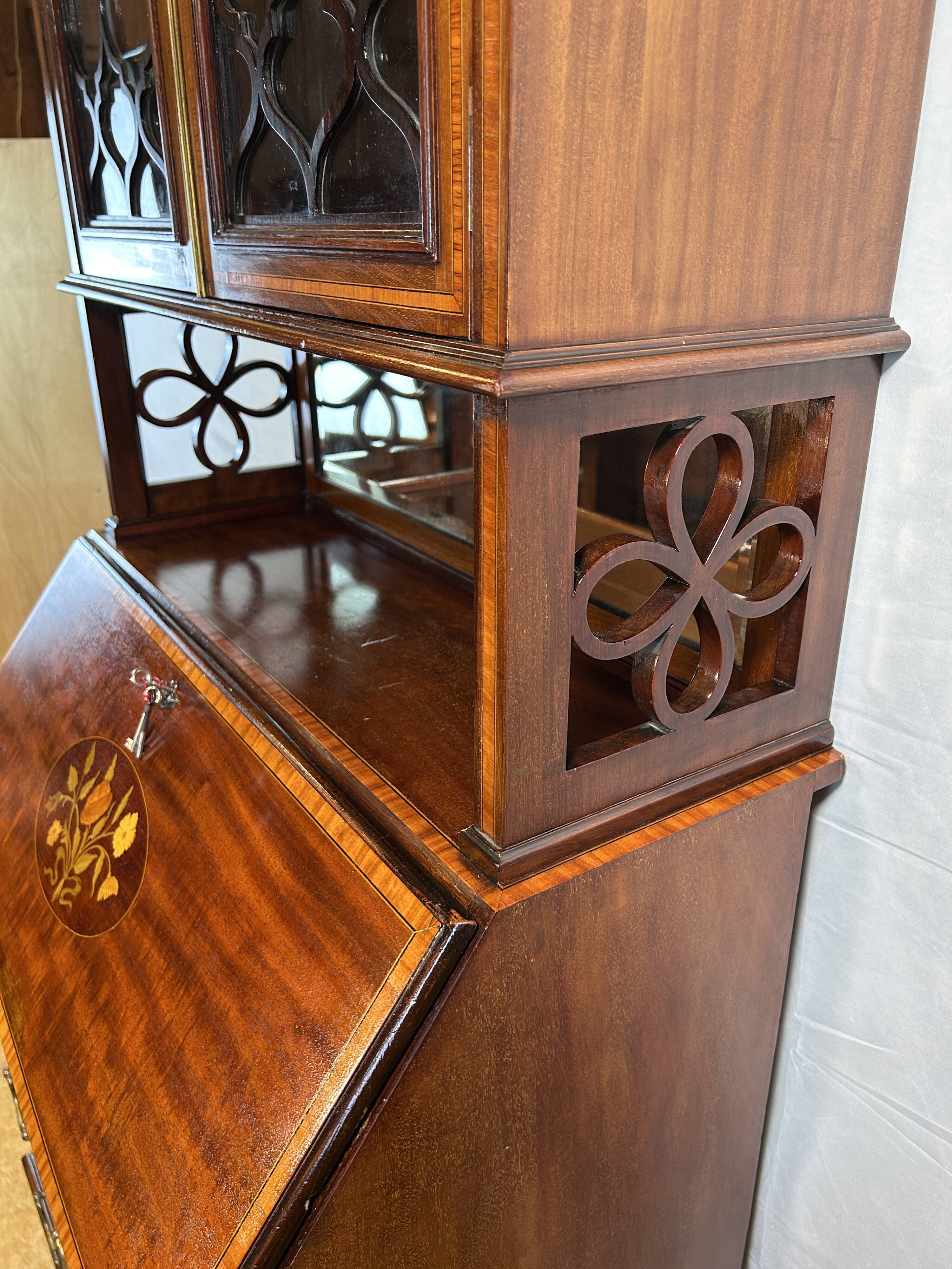Antique Edwardian Bureau Bookcase with Inlaid Floral Detail – Early 20th Ce