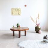 Round coffee table in wood and ceramic by Roger Capron, herbier/garrigue model, 60s/70s