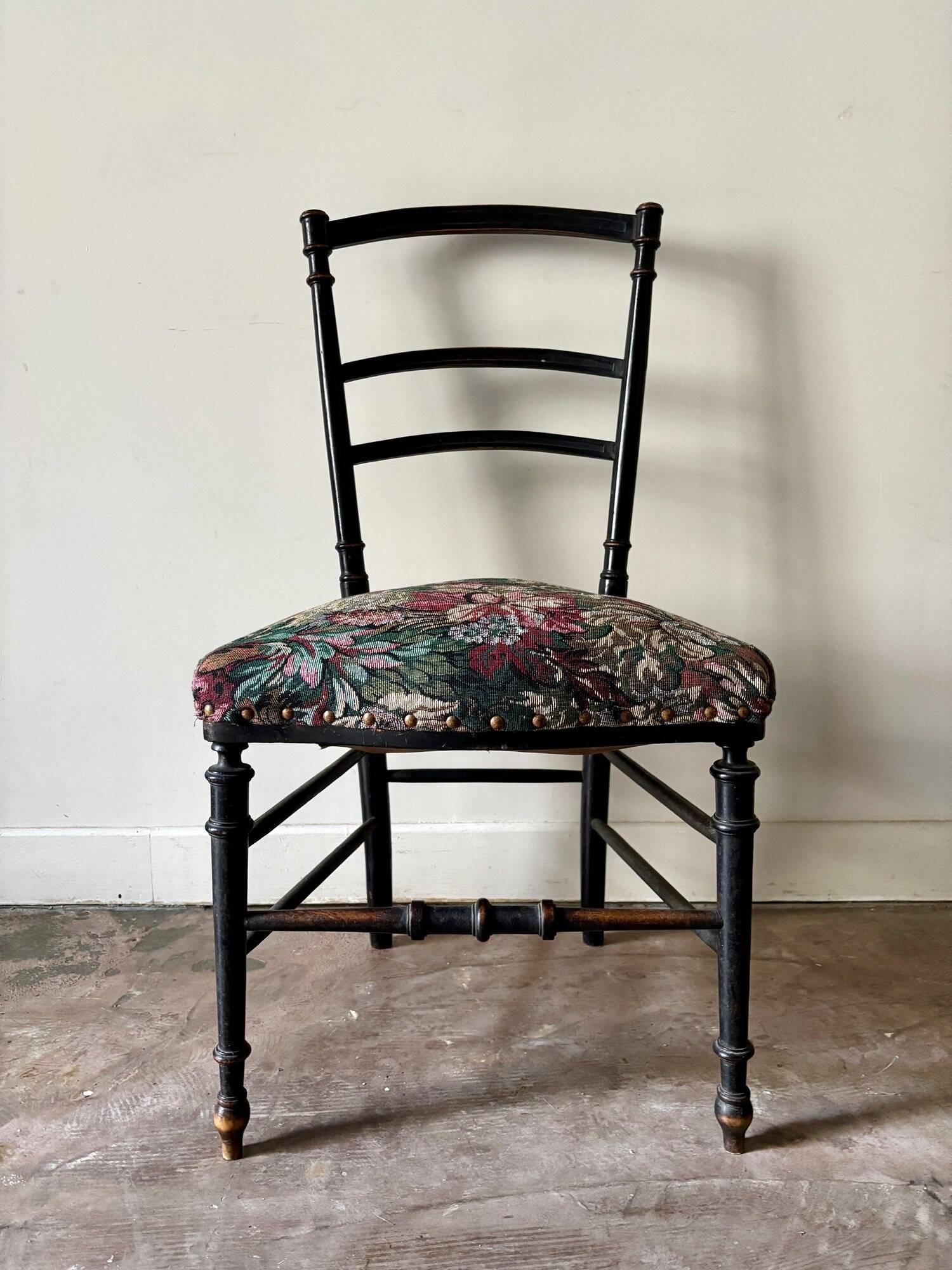 Napoleon III chair in black wood and floral jacquard