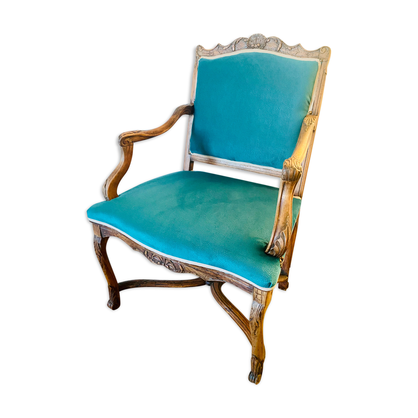 Fauteuil régence retapissé velours vert émeraude