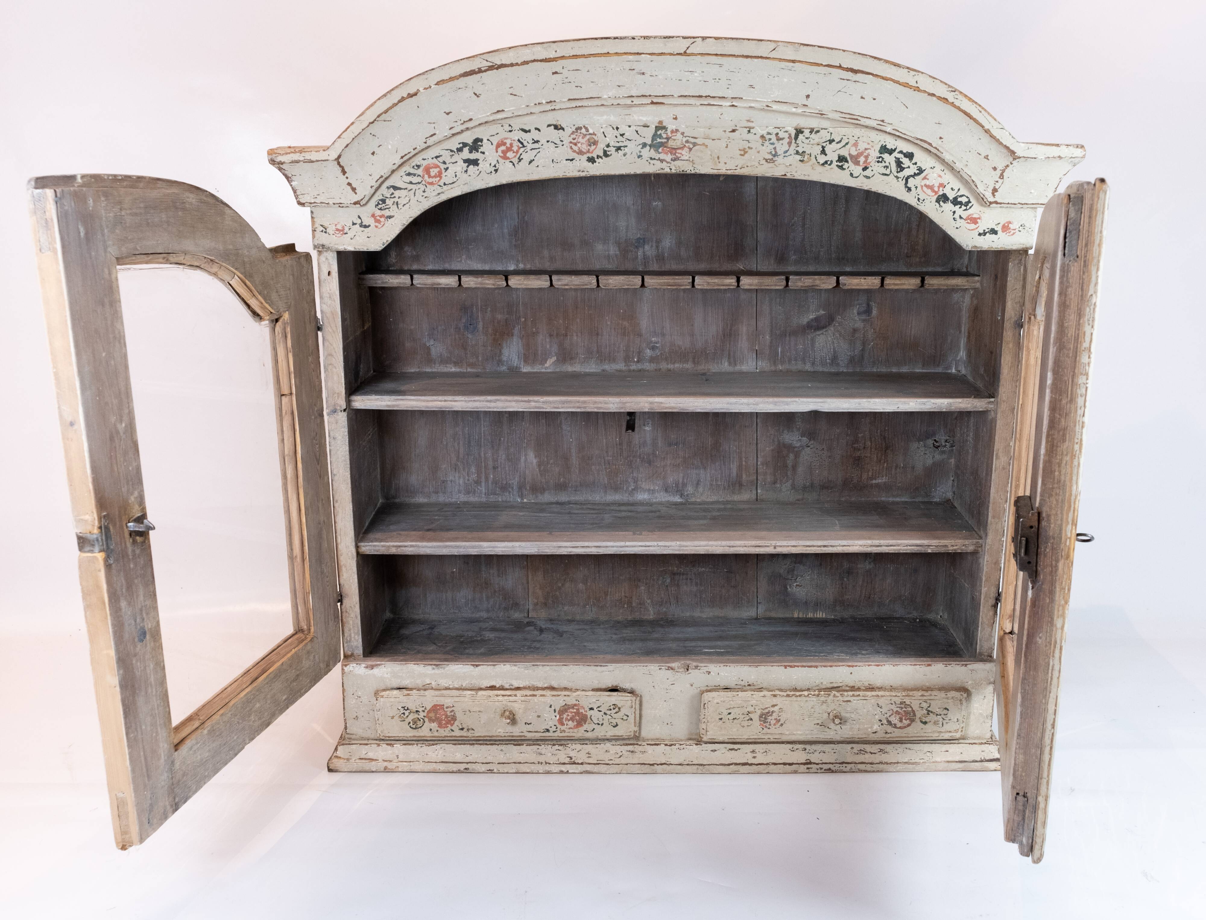 Grey painted hanging glass cabinet in gustavian style from around 1820