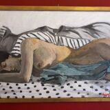 Old oil on panel depicting a nude scene with its golden frame