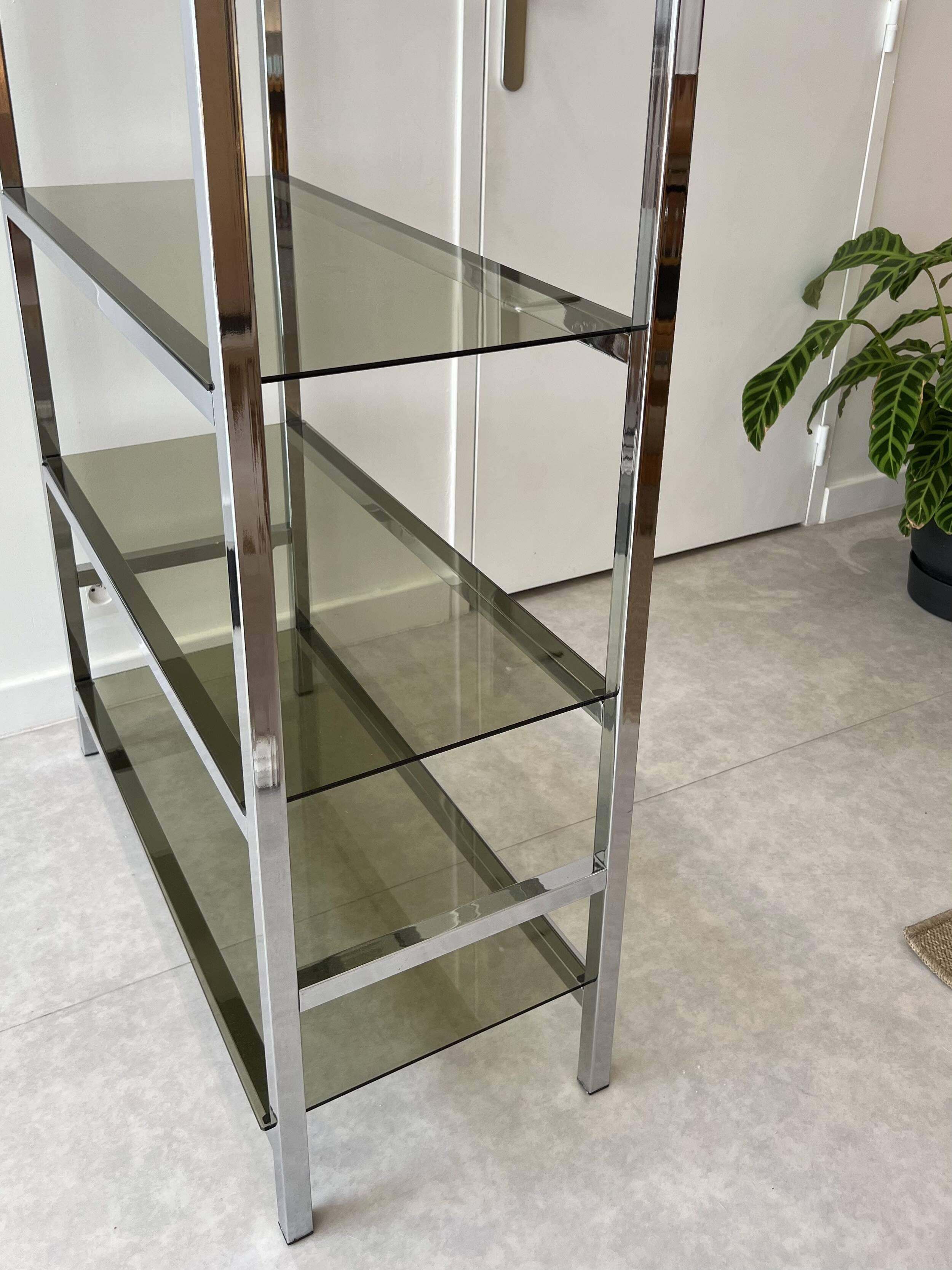 Chrome and smoked glass bookcase/shelf, circa 1970