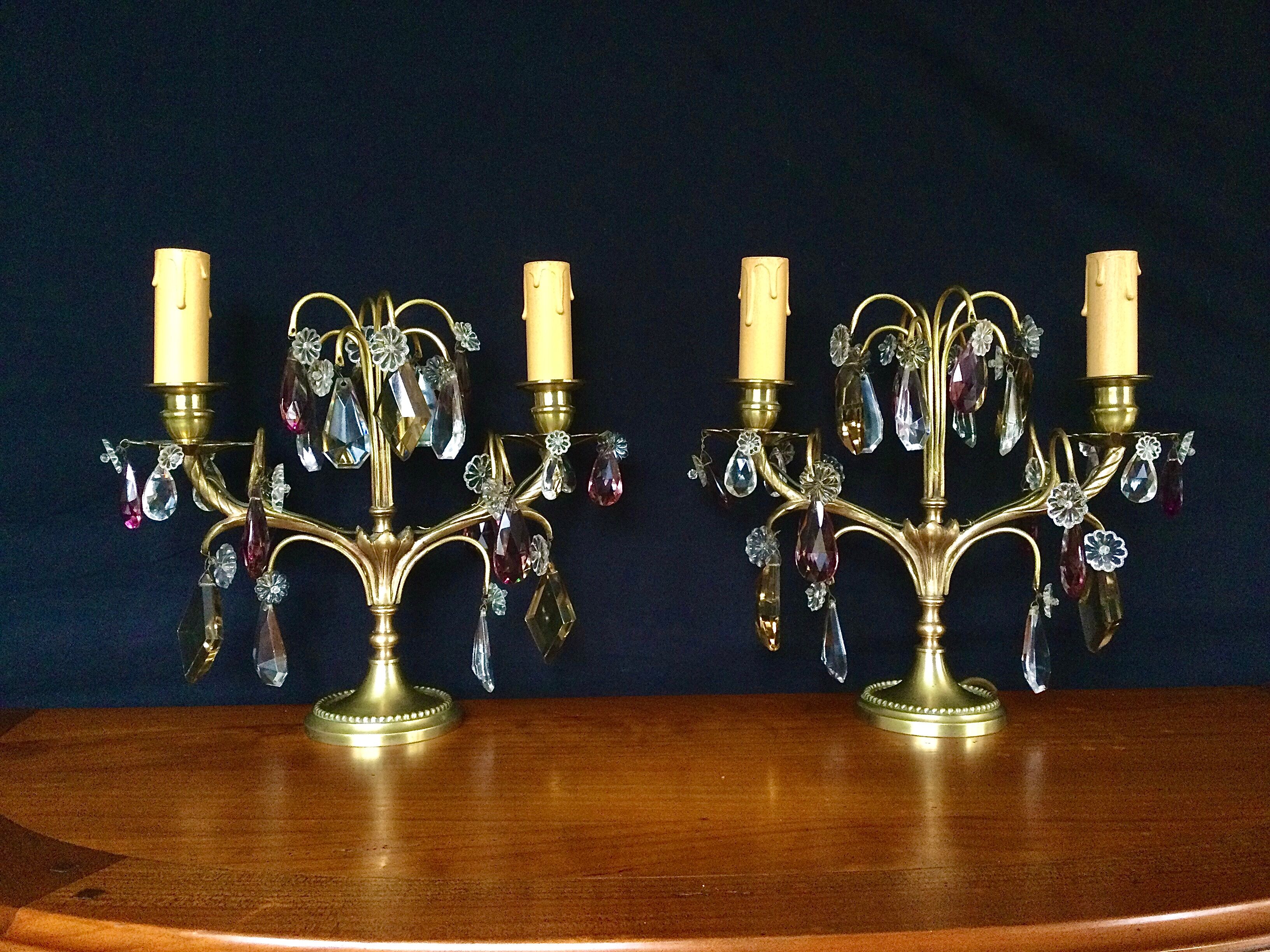 Pair of bronze and crystal girandoles