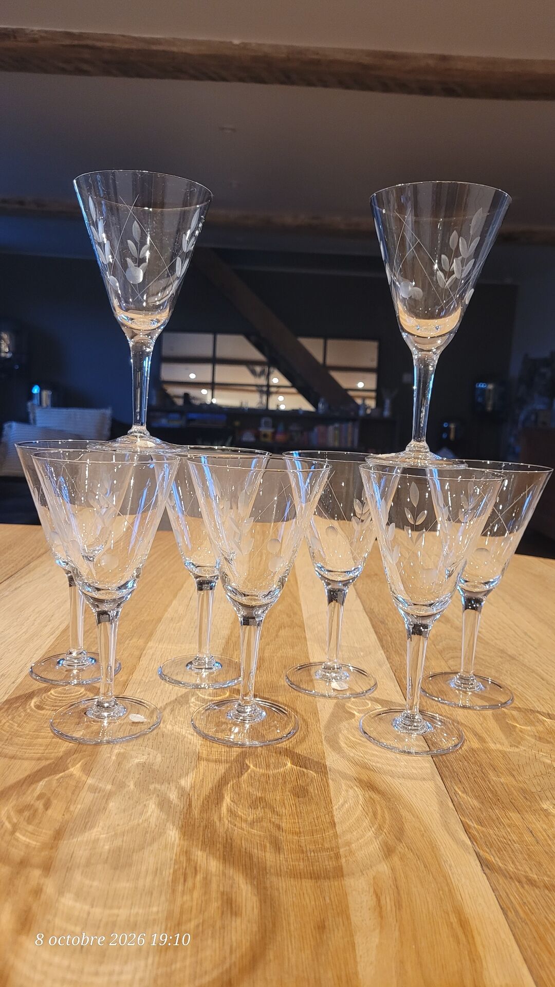 9 crystal stem glasses, vintage, Boussu Belgium