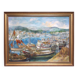 Small port. oil on canvas by jacques grad 1920-2008.