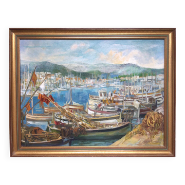 Small port. oil on canvas by jacques grad 1920-2008.