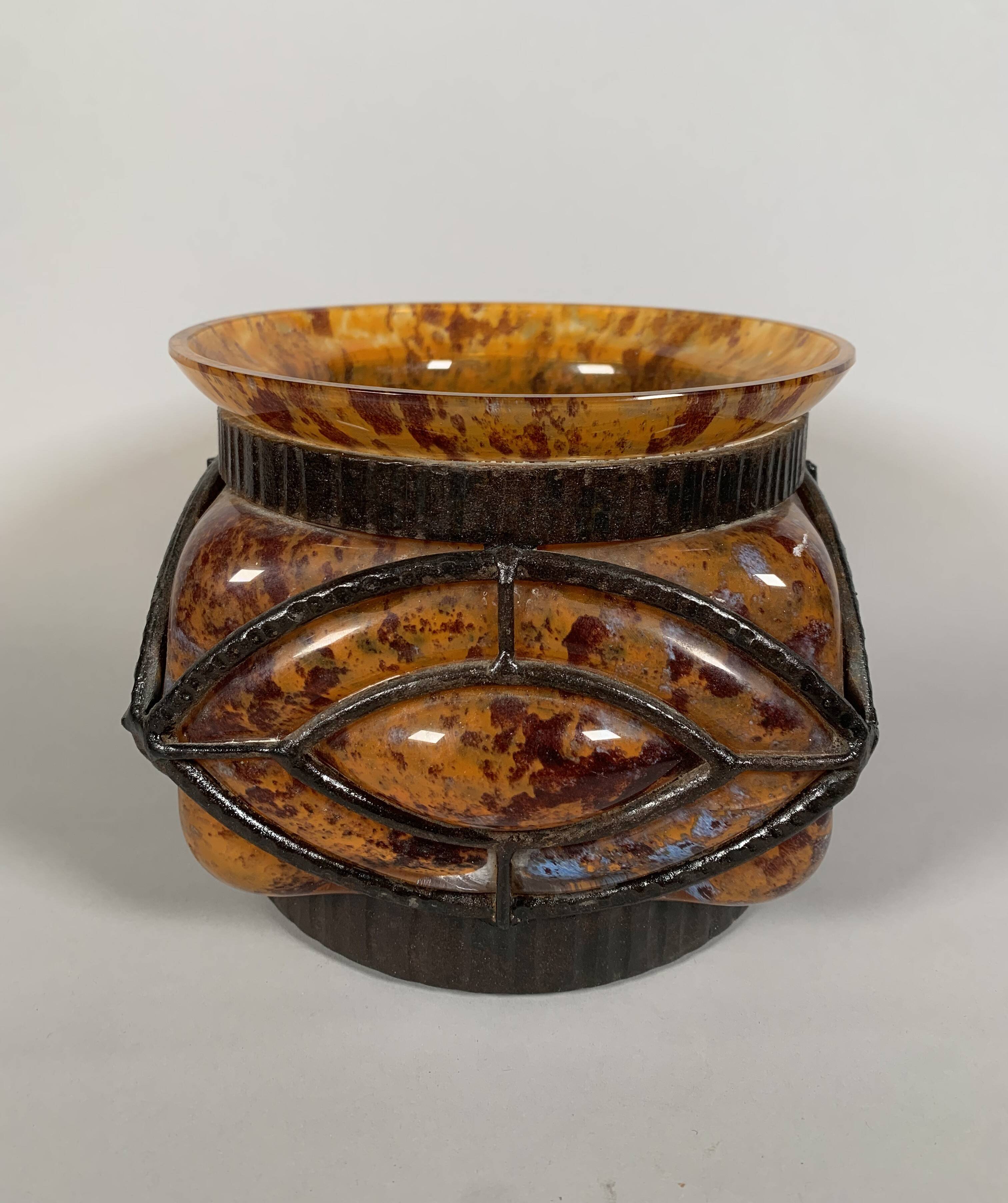 Art Deco Glass and Wrought Iron Vase Le Lorrain Nancy 20th Century