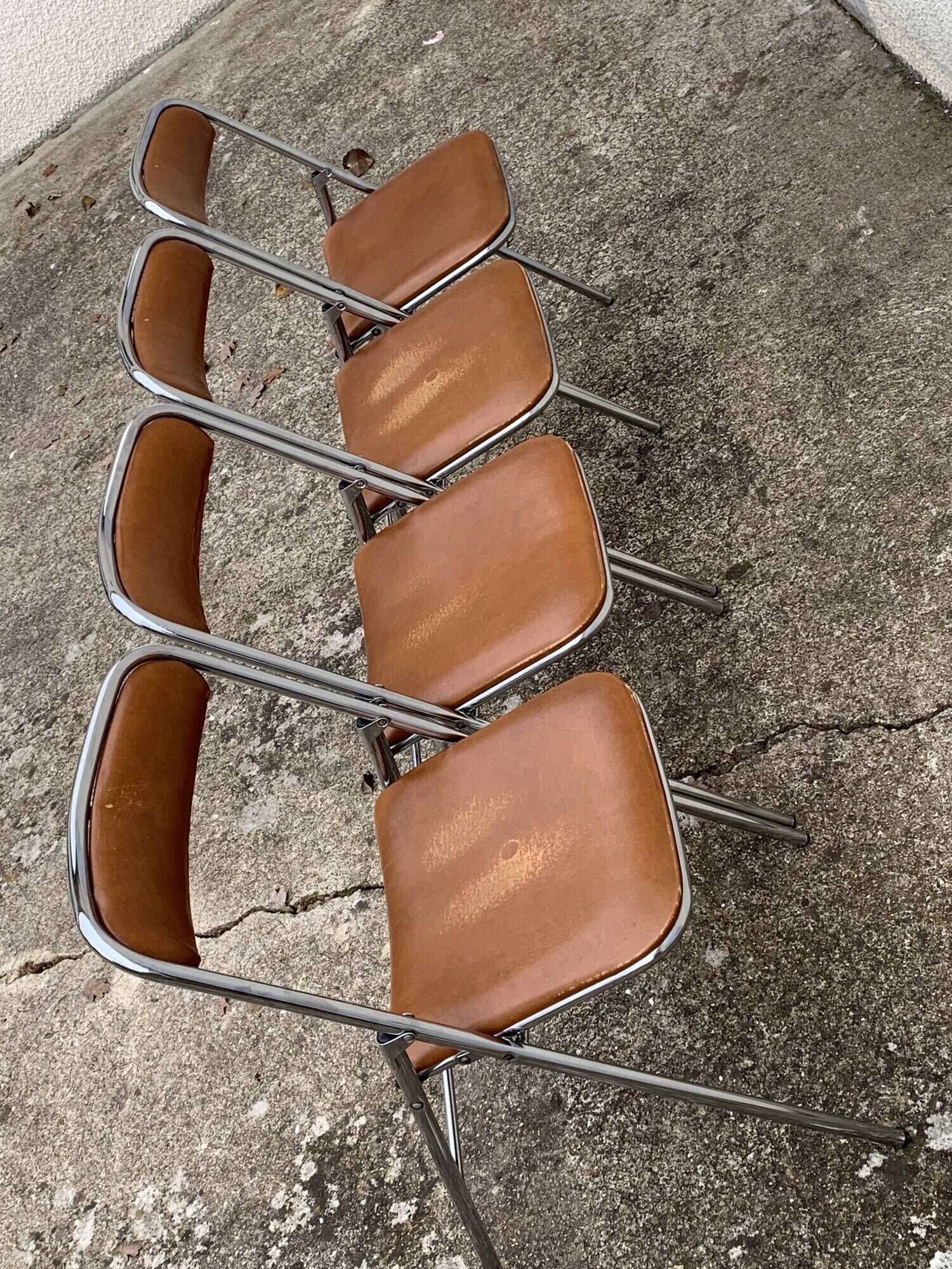4 folding chairs chromed metal and Skaï fawn 1970