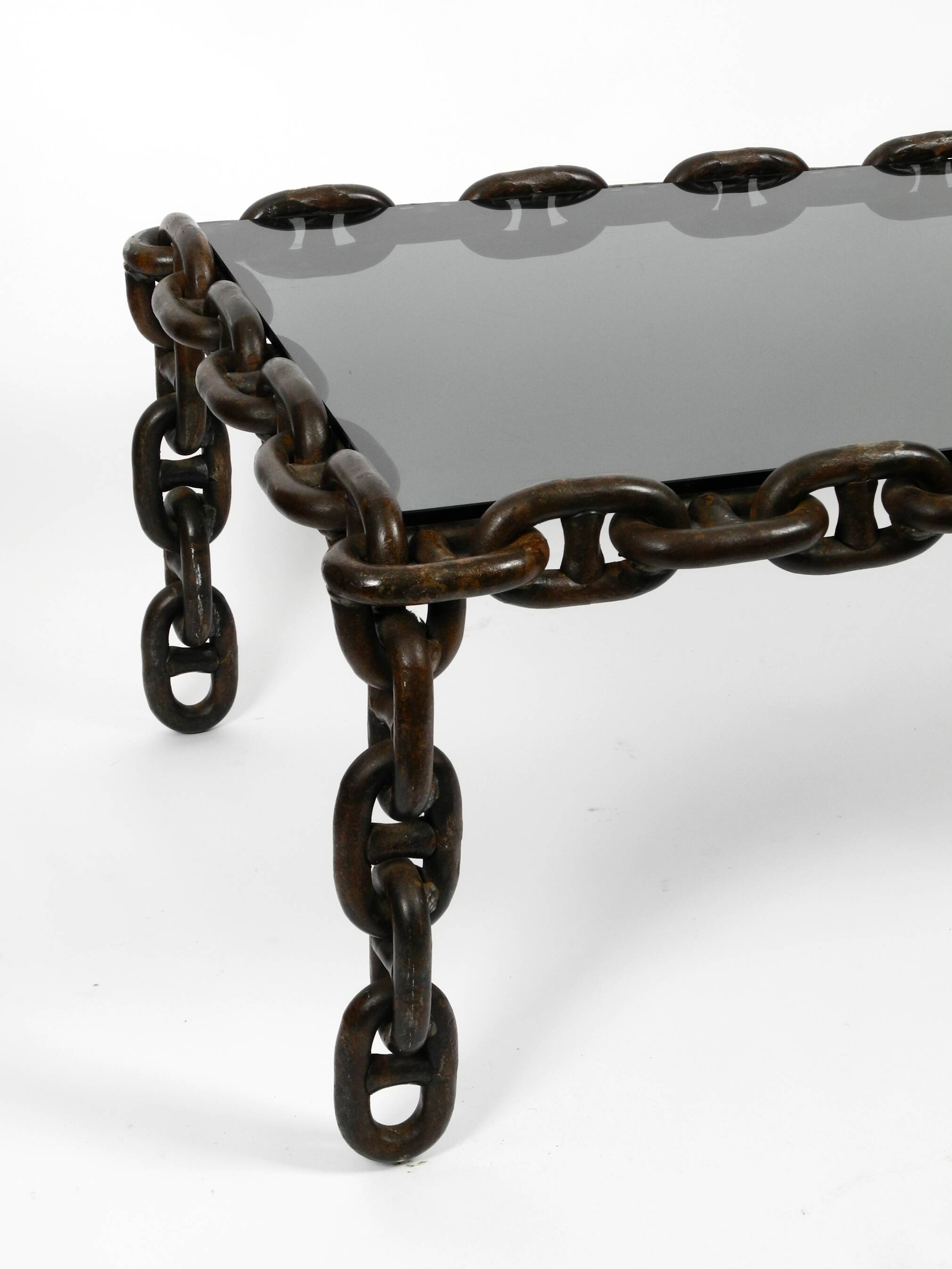 1970s XL Coffee Table Made of Nautical Iron Chain and a Thick Smoked Glass