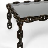 1970s XL Coffee Table Made of Nautical Iron Chain and a Thick Smoked Glass